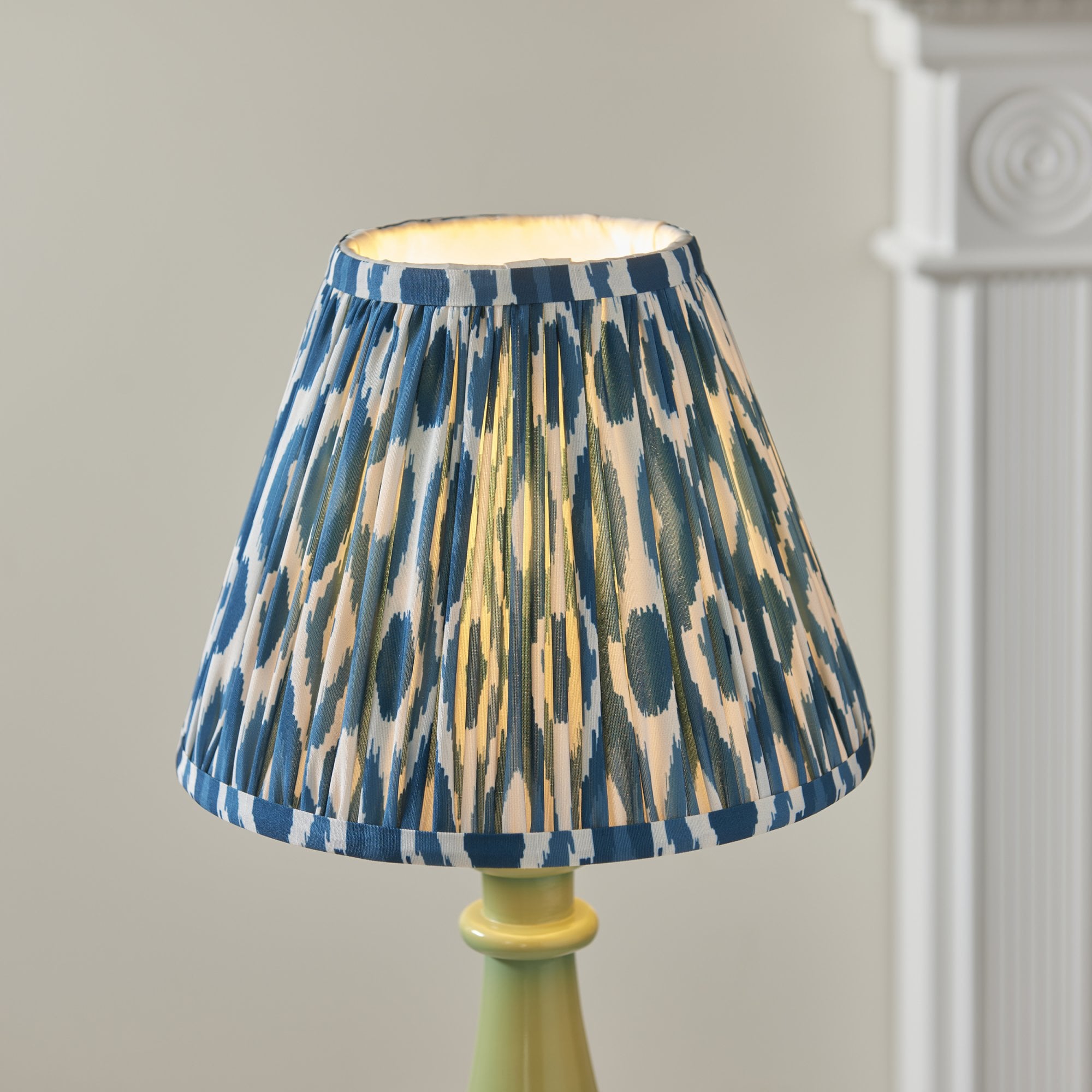 Endon Myrtle Gloss Cotswold Green Table Lamp & Ikat 25cm Marlin Blue Shade
