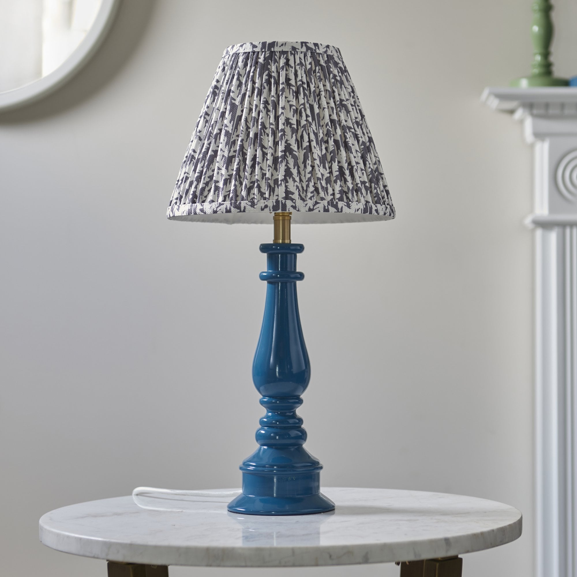 Endon Myrtle Gloss Marlin Blue Table Lamp & Leaf 25cm Pearl Grey Shade