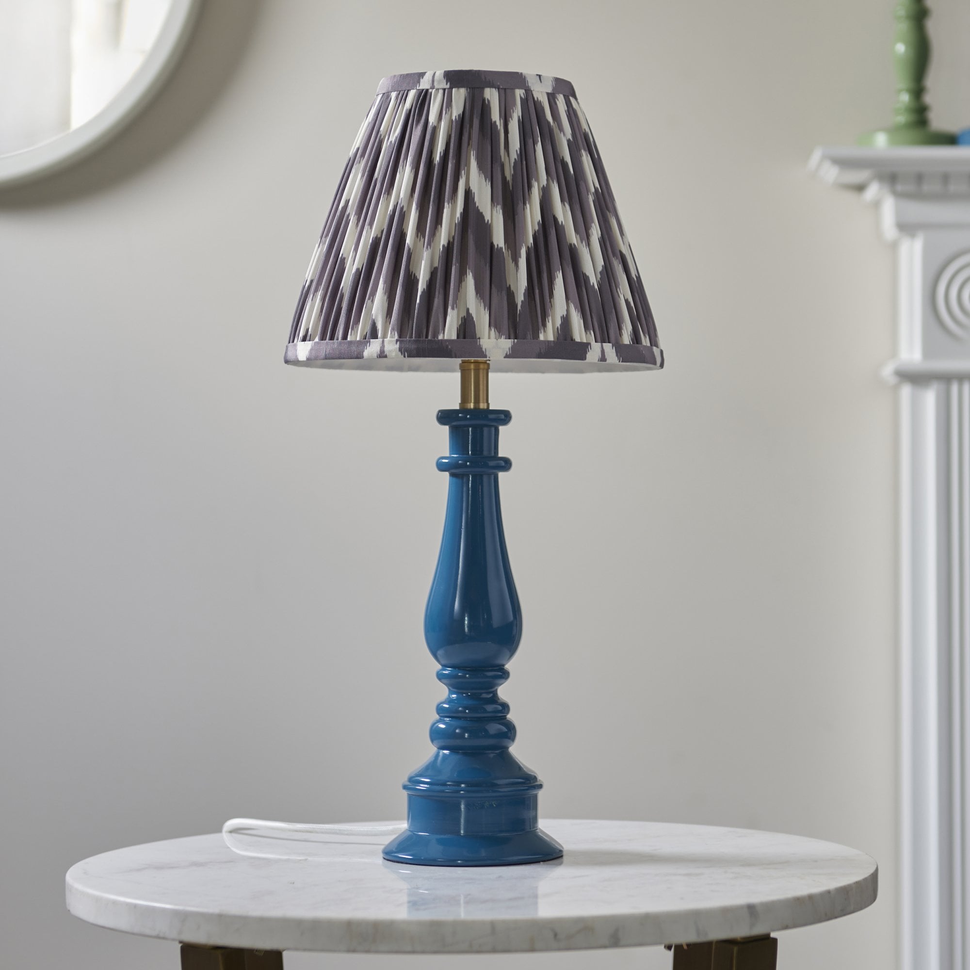 Endon Myrtle Gloss Marlin Blue Table Lamp & Zigzag 25cm Pearl Grey Shade