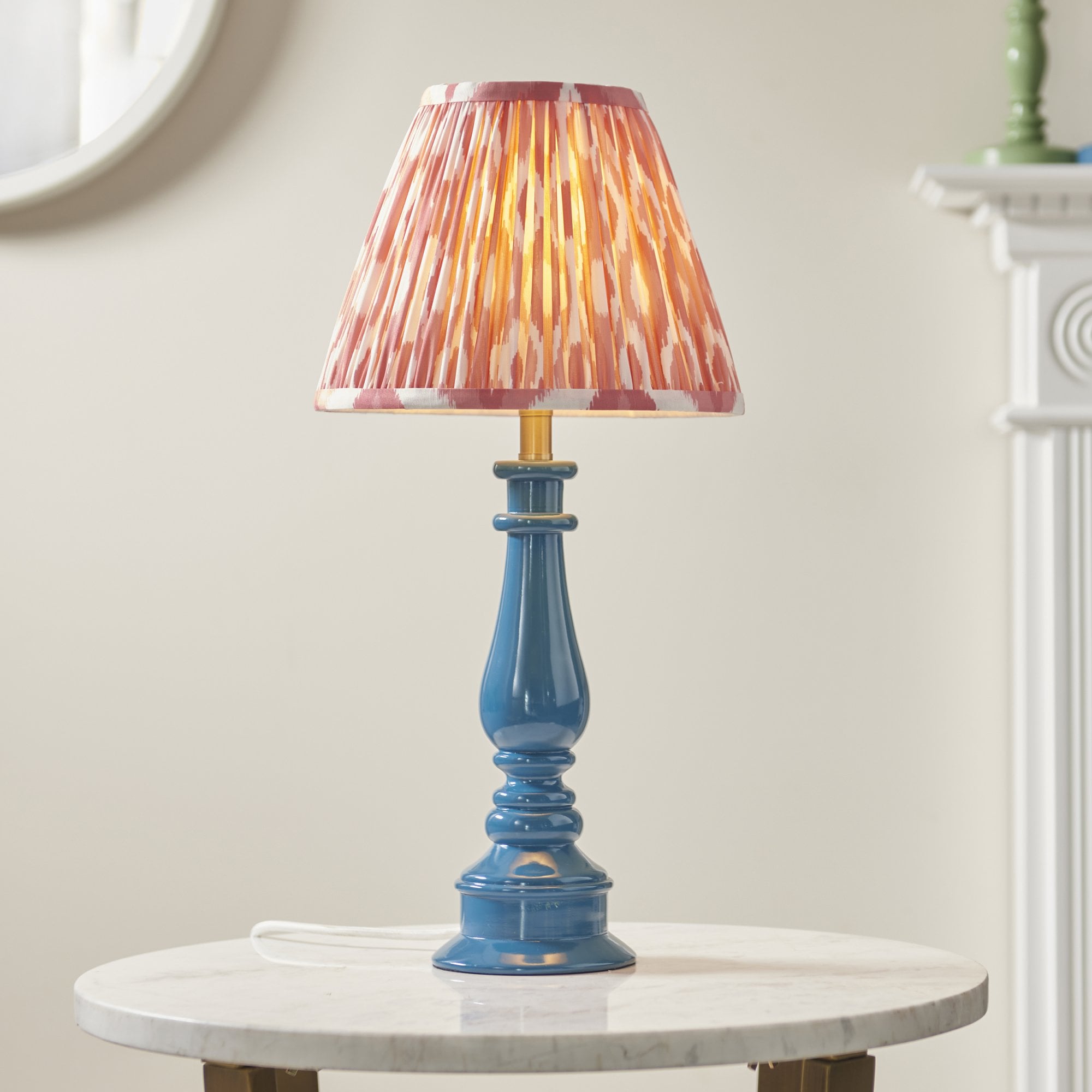 Endon Myrtle Gloss Marlin Blue Table Lamp & Ikat 25cm Coral Pink Shade