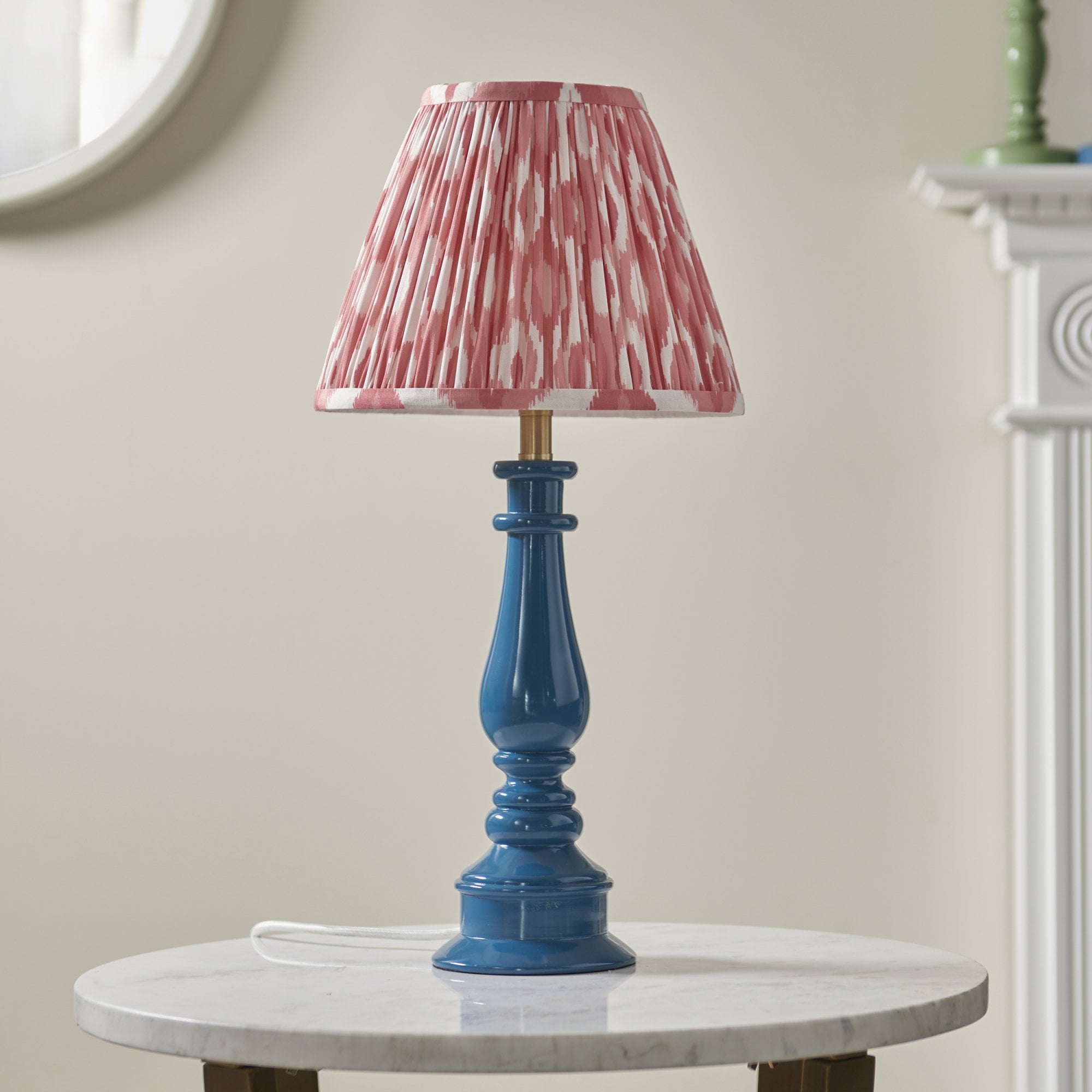 Endon Myrtle Gloss Marlin Blue Table Lamp & Ikat 25cm Coral Pink Shade