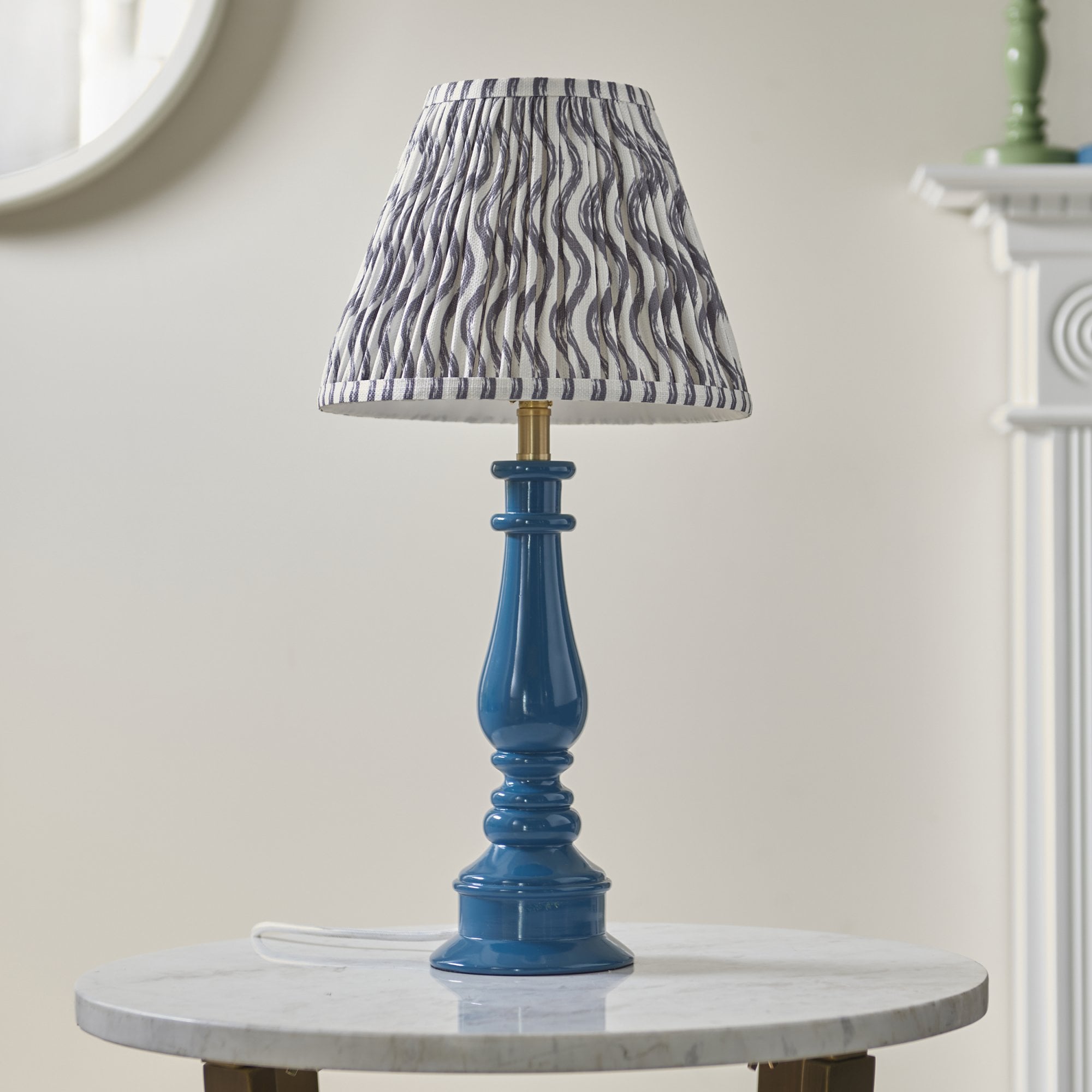 Endon Myrtle Gloss Marlin Blue Table Lamp & Ripple 25cm Pearl Grey Shade