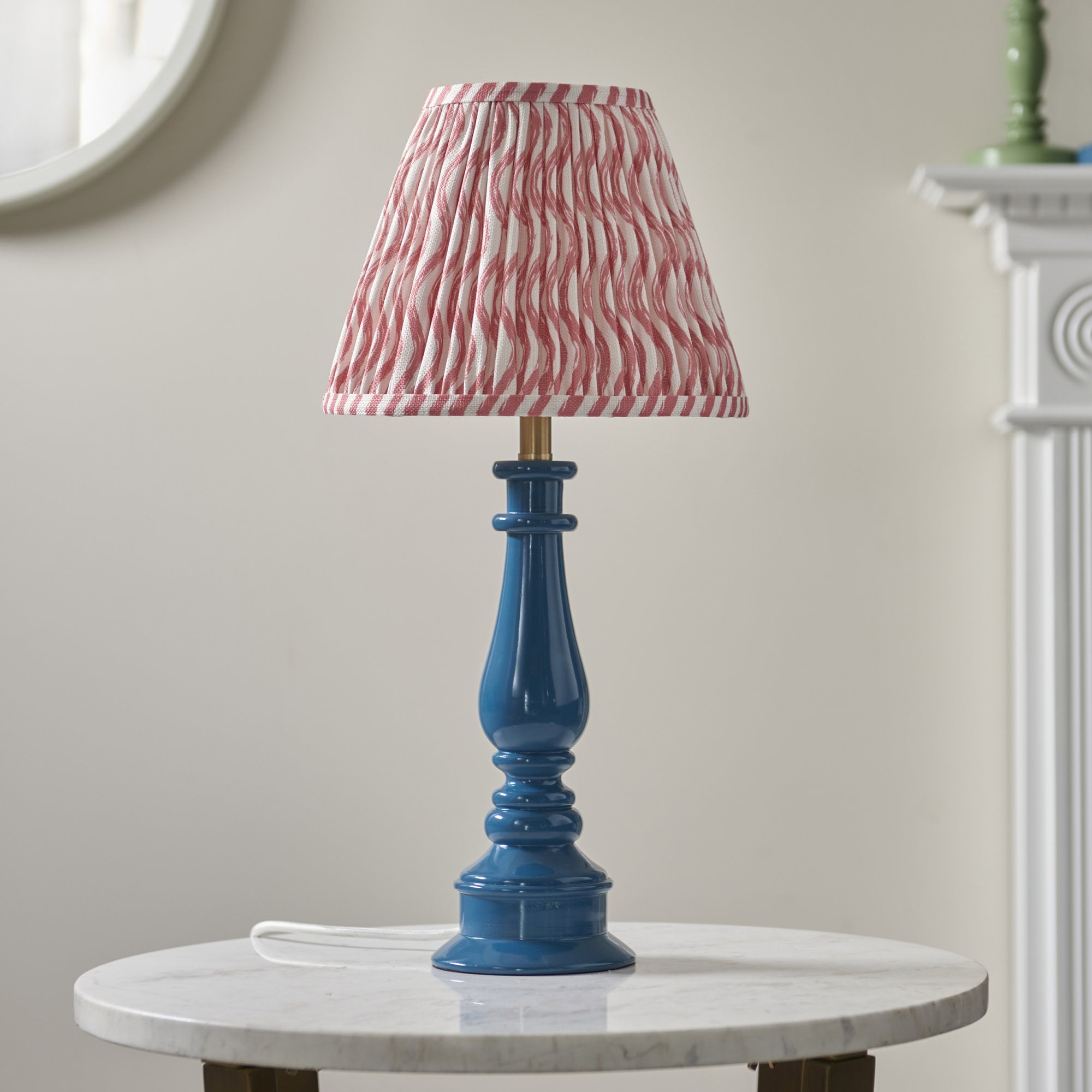 Endon Myrtle Gloss Marlin Blue Table Lamp & Ripple 25cm Coral Pink Shade
