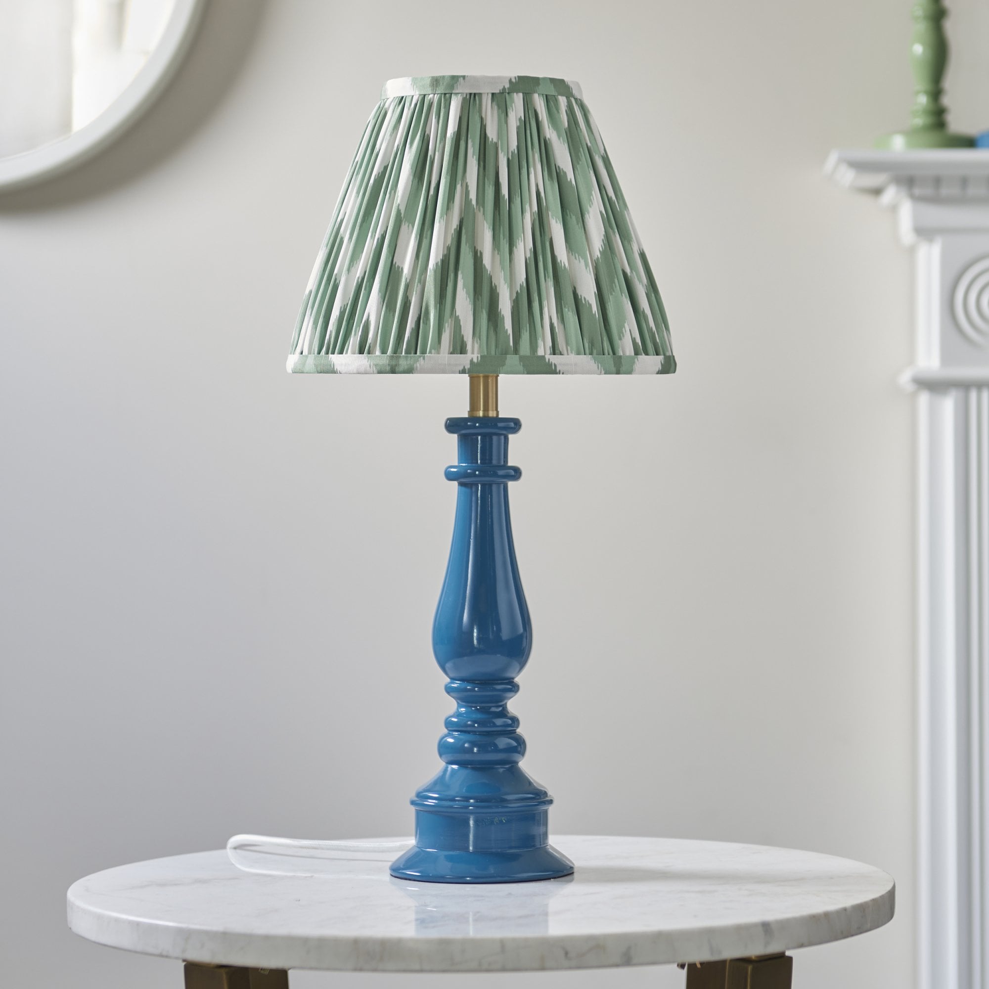 Endon Myrtle Gloss Marlin Blue Table Lamp & Zigzag 25cm Cotswold Green Shade