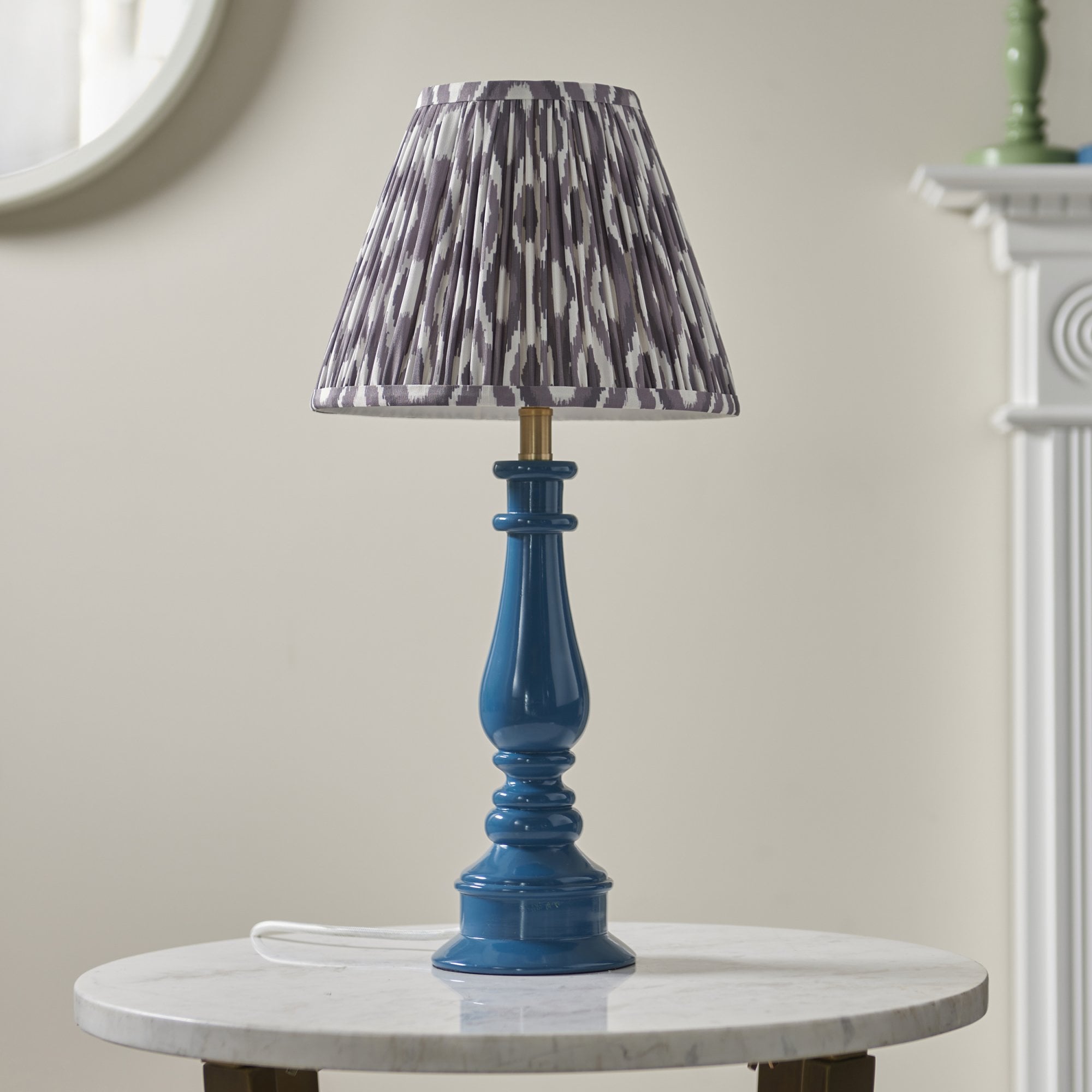 Endon Myrtle Gloss Marlin Blue Table Lamp & Ikat 25cm Pearl Grey Shade