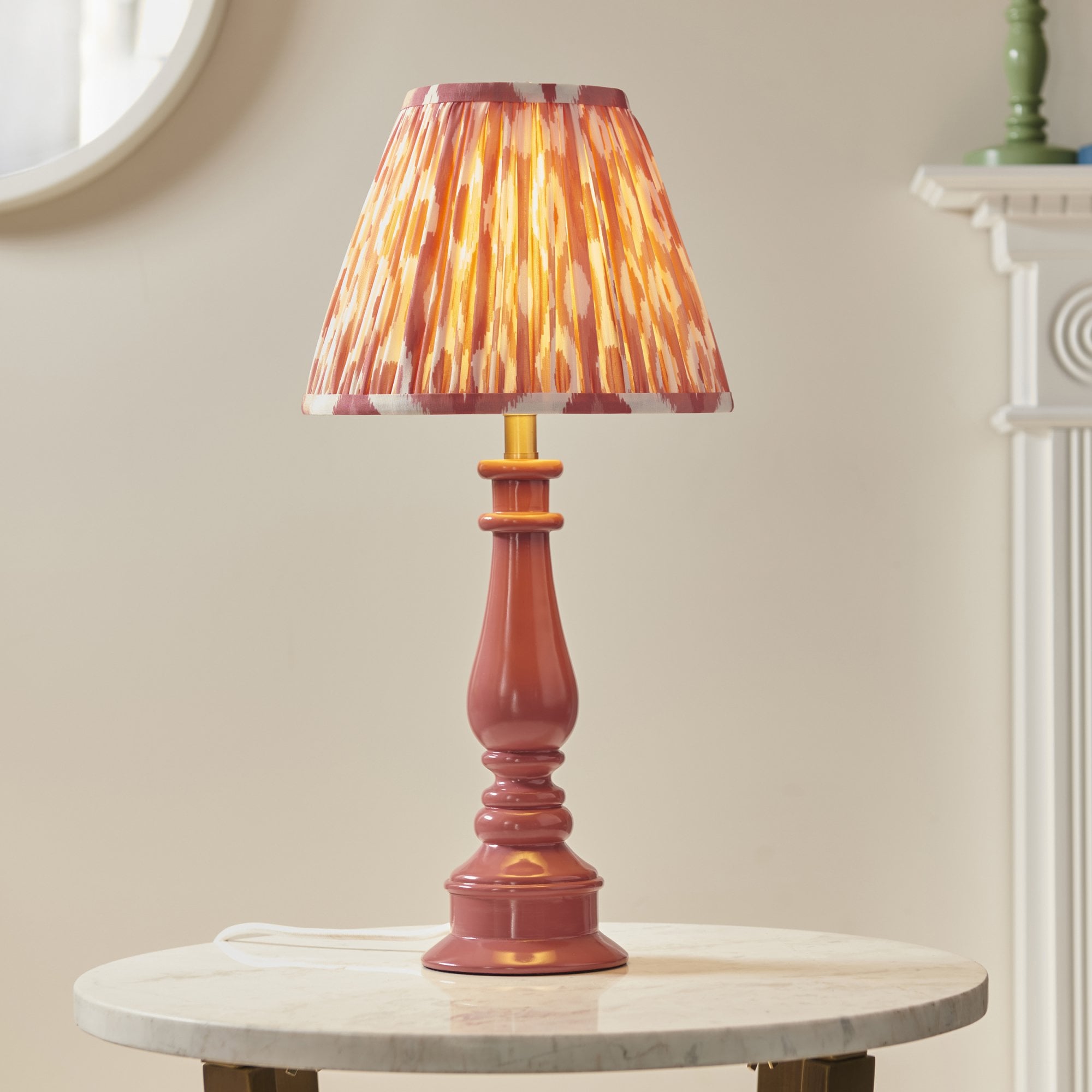 Endon Myrtle Gloss Pink Clay Table Lamp & Ikat 25cm Coral Pink Shade