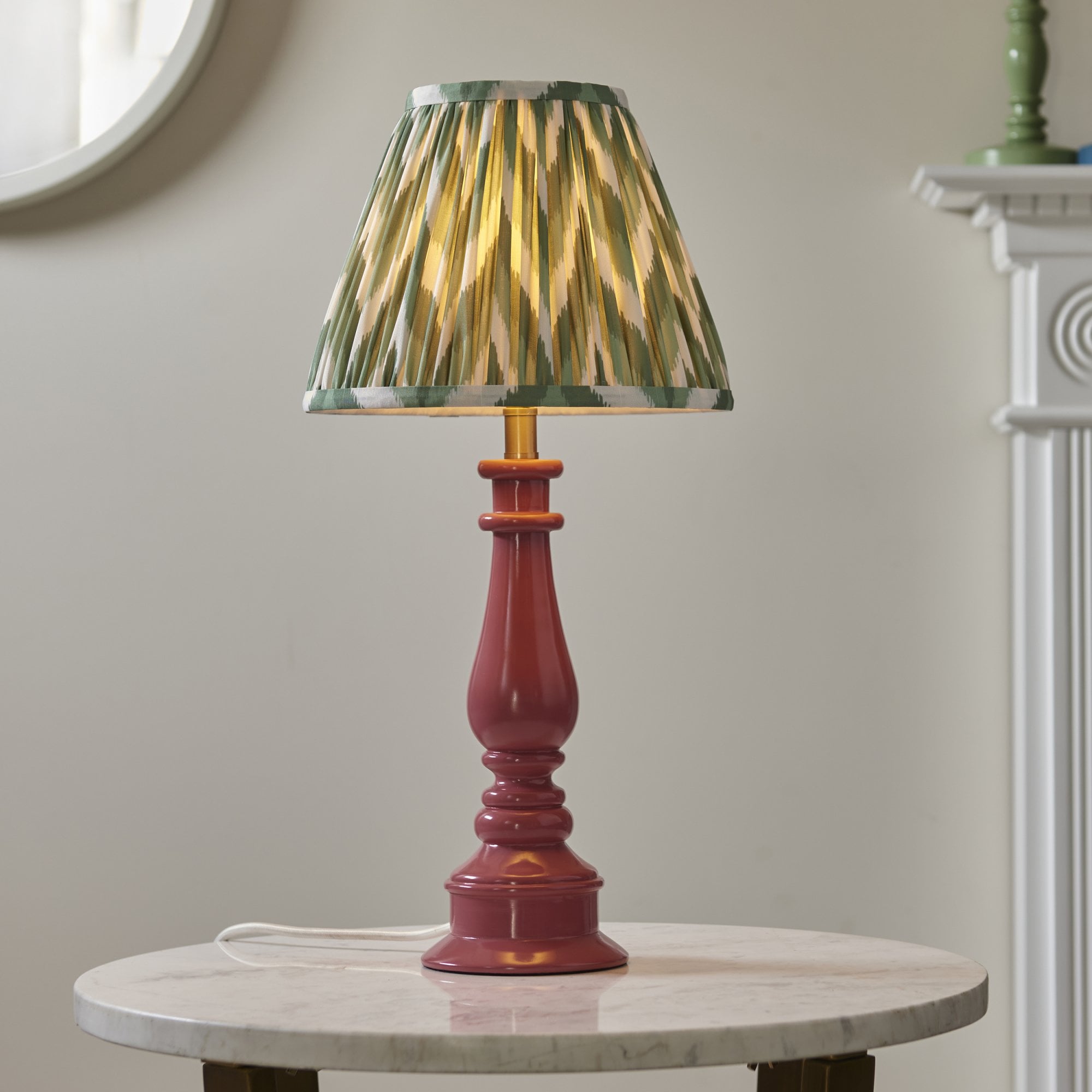 Endon Myrtle Gloss Pink Clay Table Lamp & Zigzag 25cm Cotswold Green Shade