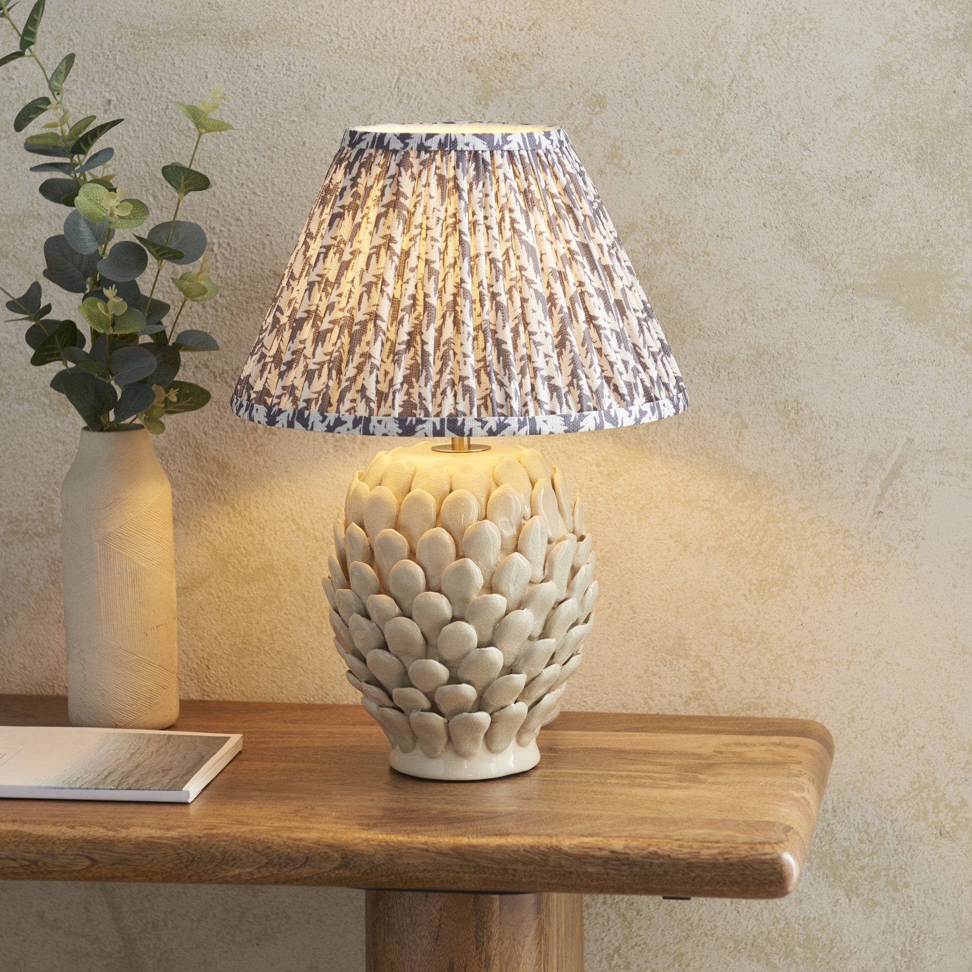 Endon Layered Leaf Ivory Crackle Glaze Ceramic Table Lamp & Leaf 30cm Pearl Grey Shade