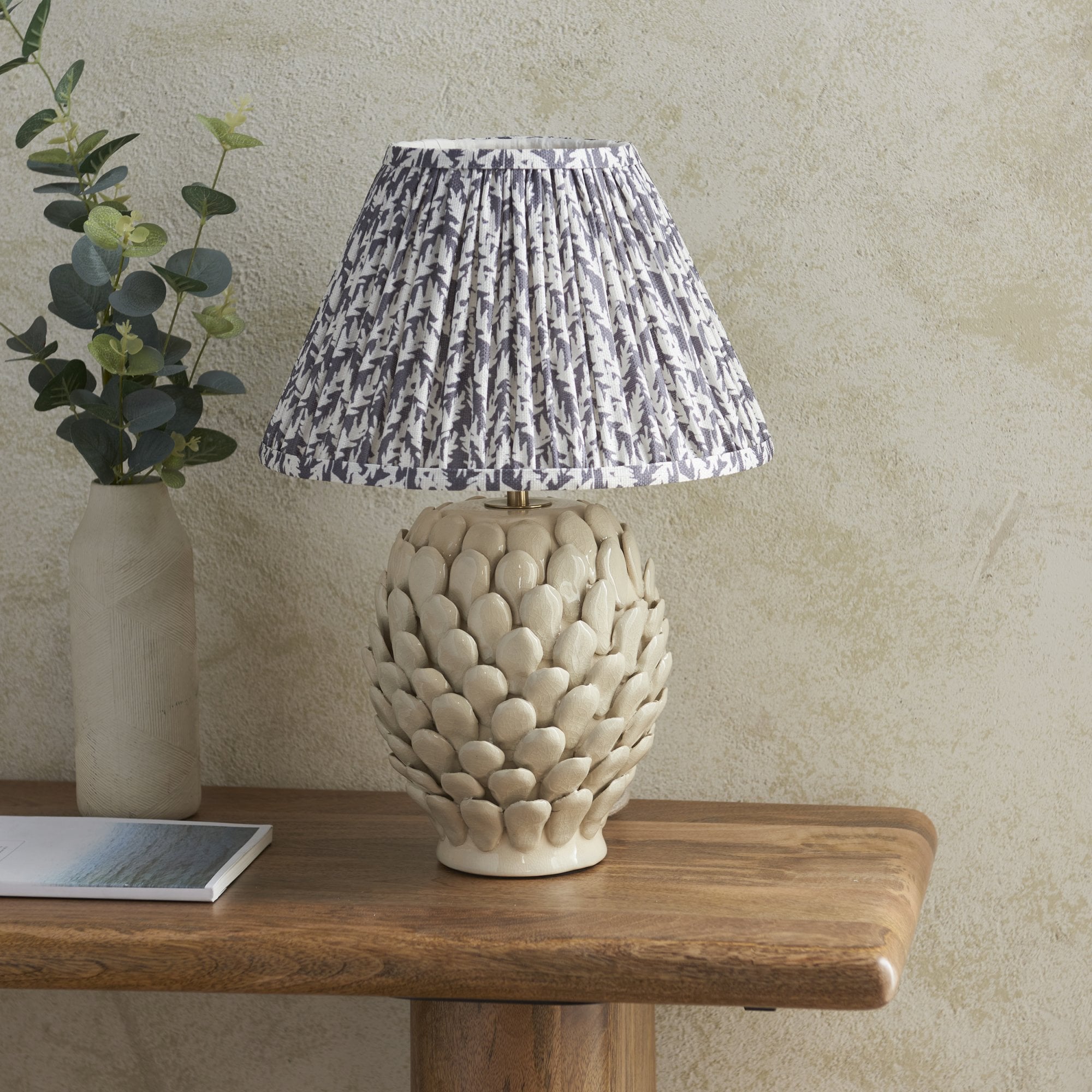 Endon Layered Leaf Ivory Crackle Glaze Ceramic Table Lamp & Leaf 30cm Pearl Grey Shade