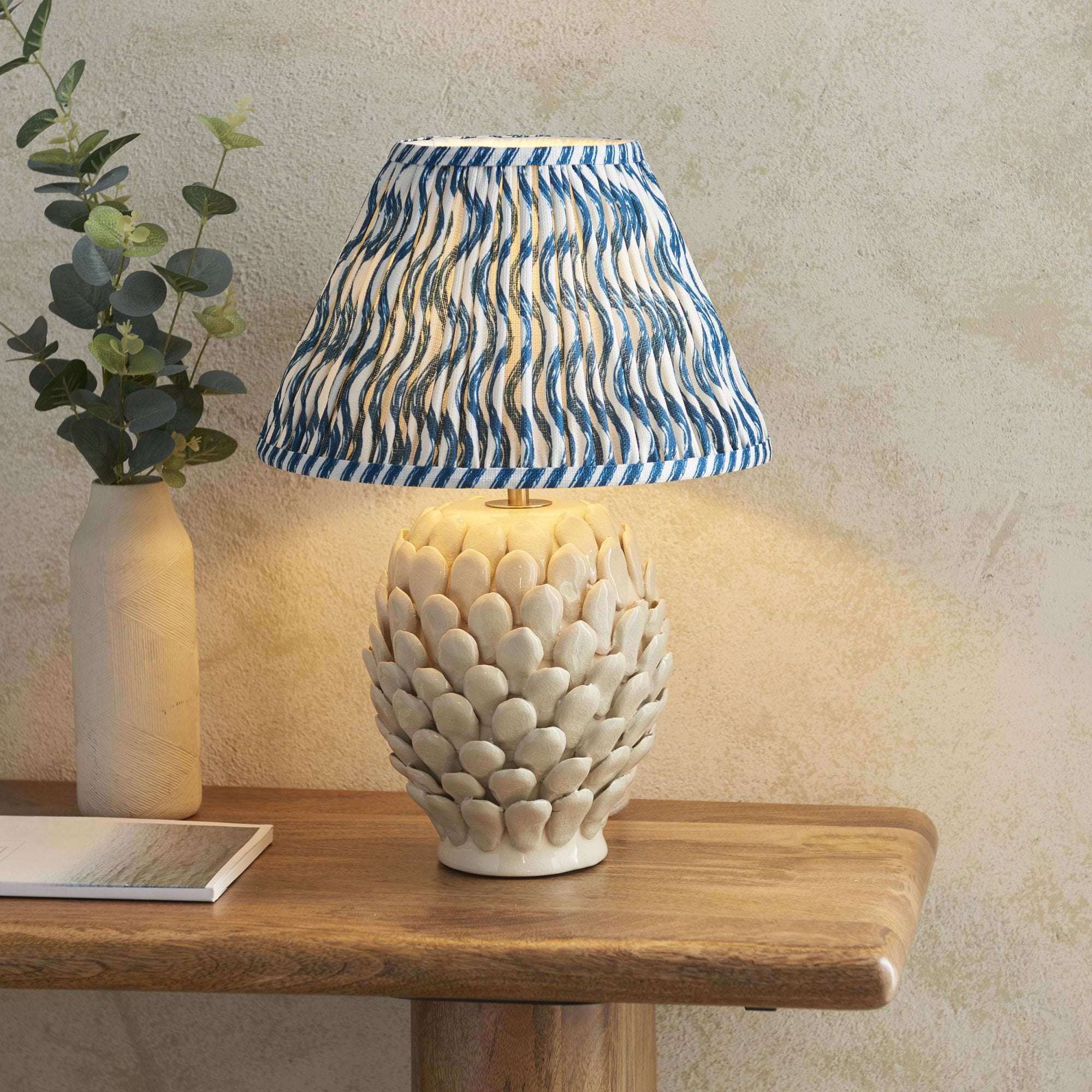 Endon Layered Leaf Ivory Crackle Glaze Ceramic Table Lamp & Ripple 30cm Marlin Blue Shade