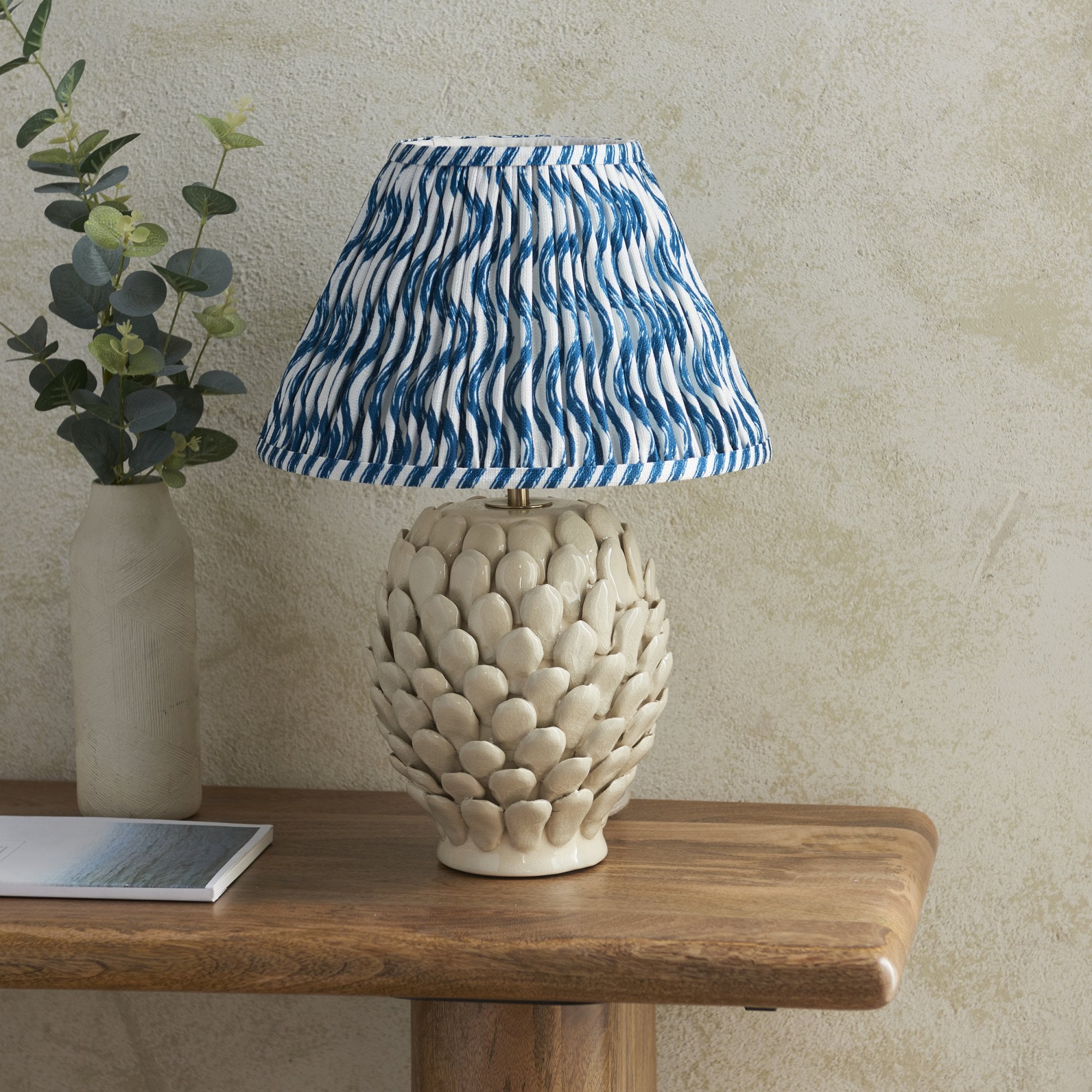 Endon Layered Leaf Ivory Crackle Glaze Ceramic Table Lamp & Ripple 30cm Marlin Blue Shade