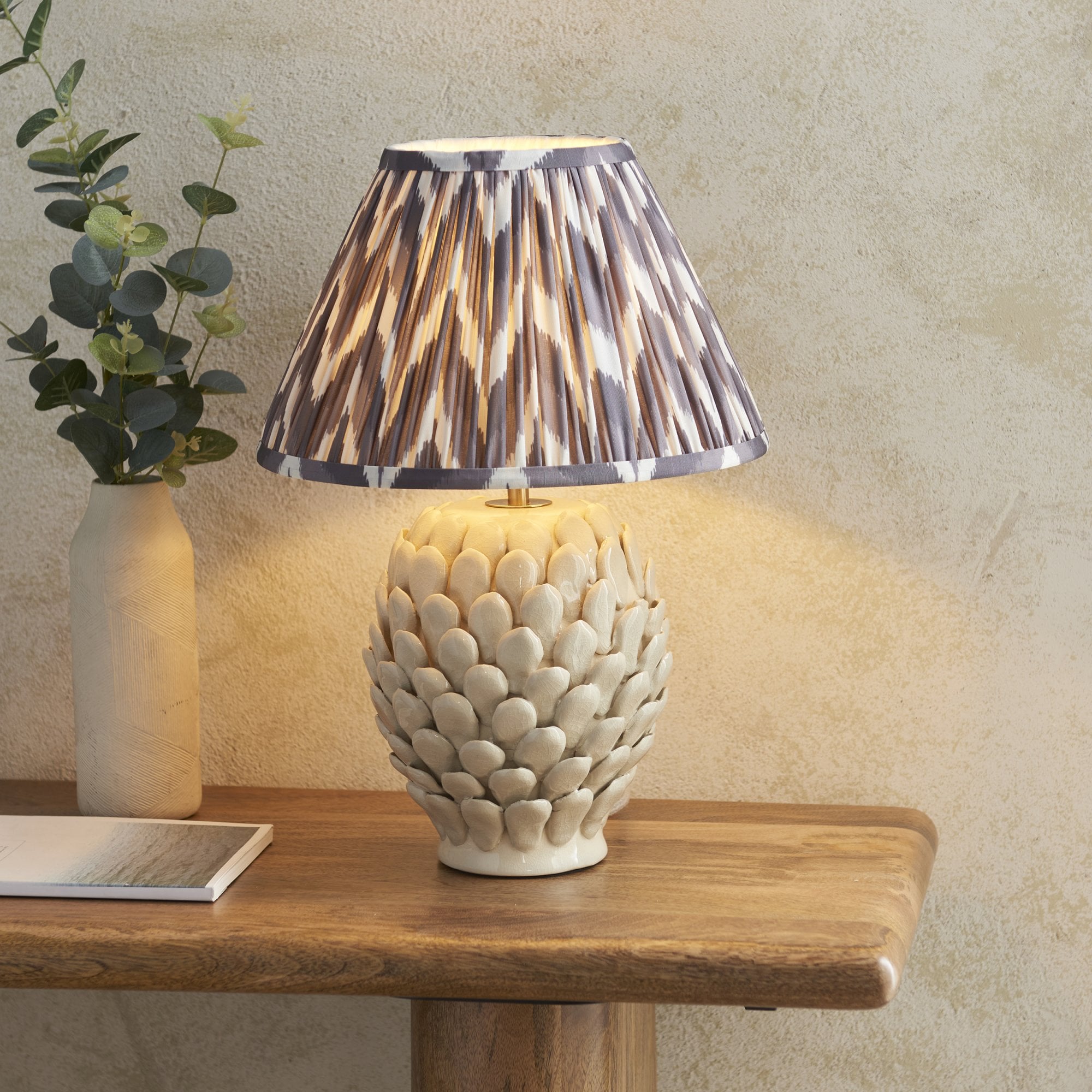 Endon Layered Leaf Ivory Crackle Glaze Ceramic Table Lamp & Zigzag 30cm Pearl Grey Shade