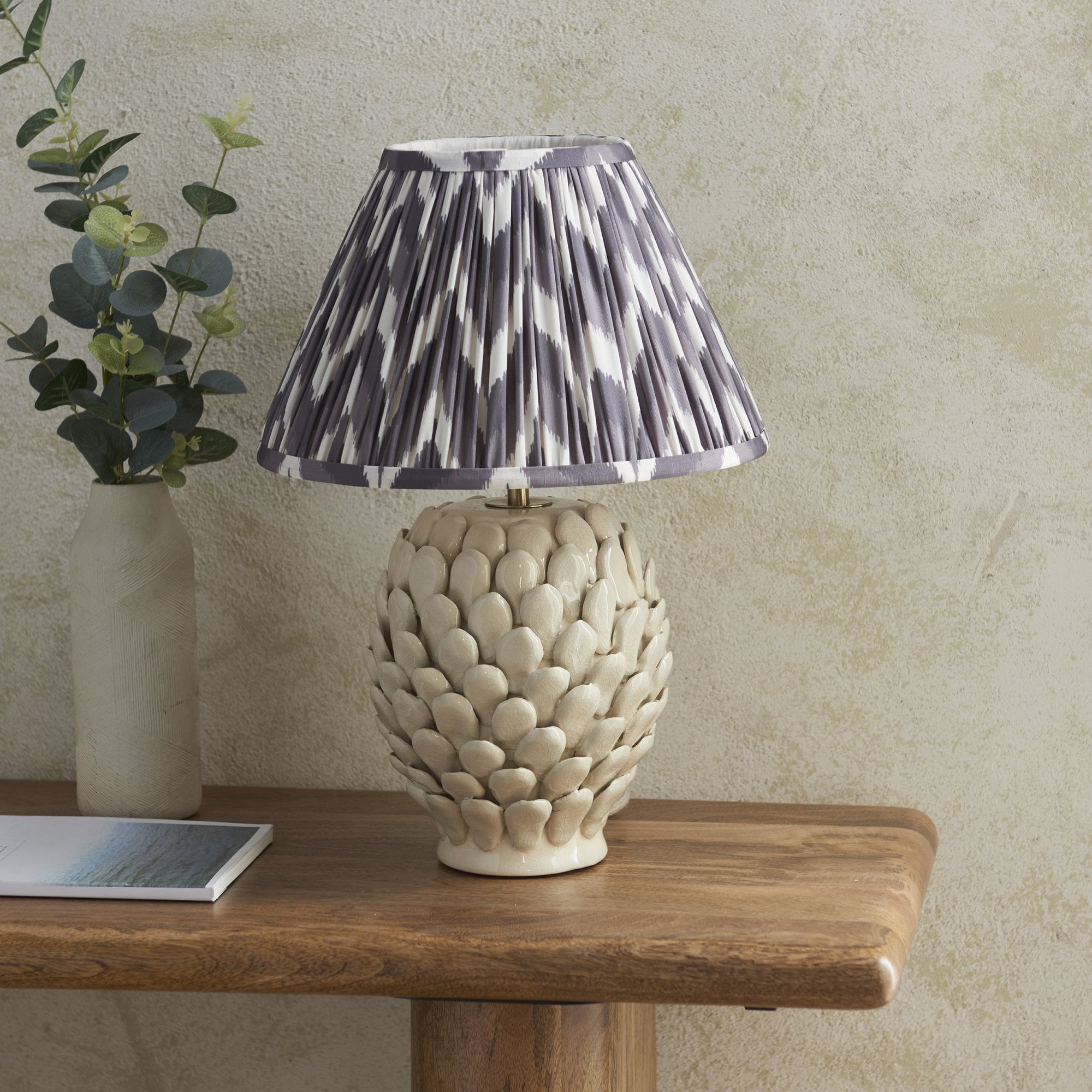 Endon Layered Leaf Ivory Crackle Glaze Ceramic Table Lamp & Zigzag 30cm Pearl Grey Shade