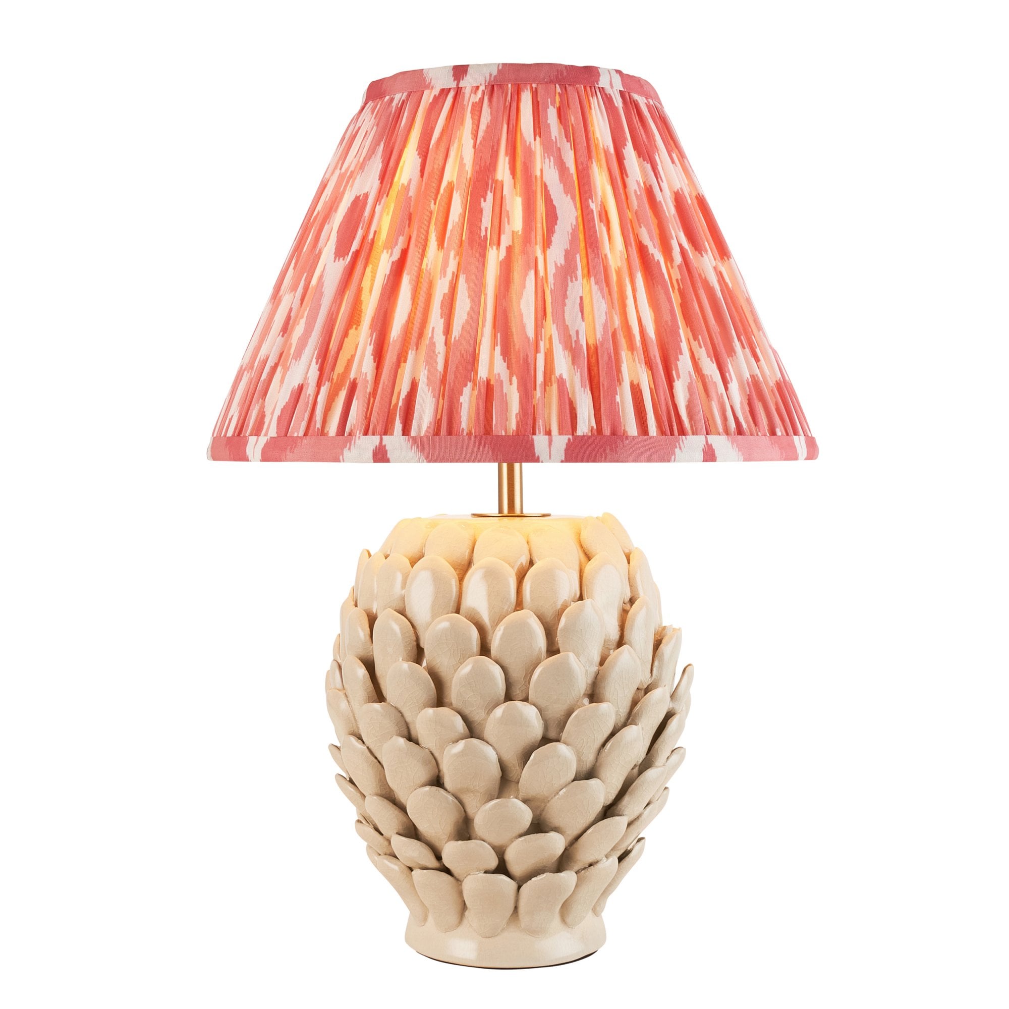 Endon Layered Leaf Ivory Crackle Glaze Ceramic Table Lamp & Ikat 30cm Coral Pink Shade