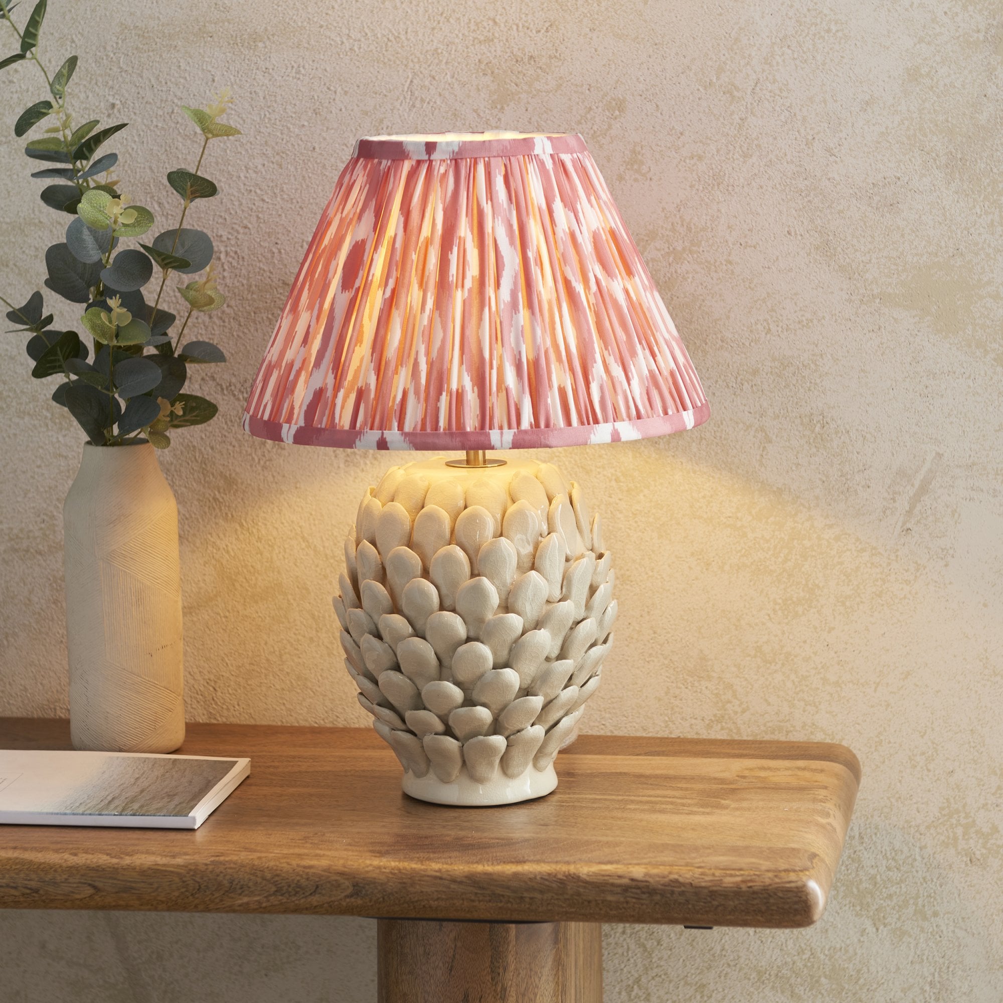 Endon Layered Leaf Ivory Crackle Glaze Ceramic Table Lamp & Ikat 30cm Coral Pink Shade