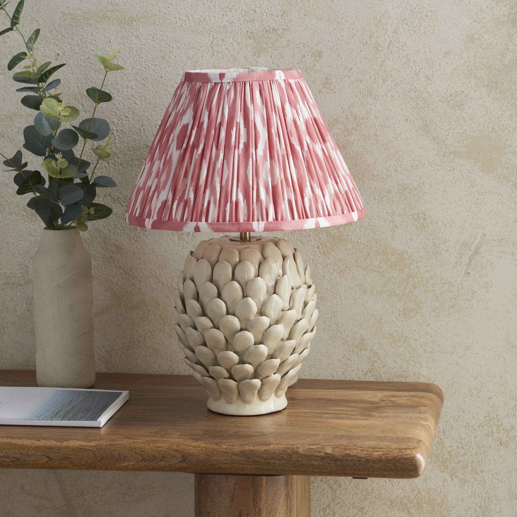 Endon Layered Leaf Ivory Crackle Glaze Ceramic Table Lamp & Ikat 30cm Coral Pink Shade