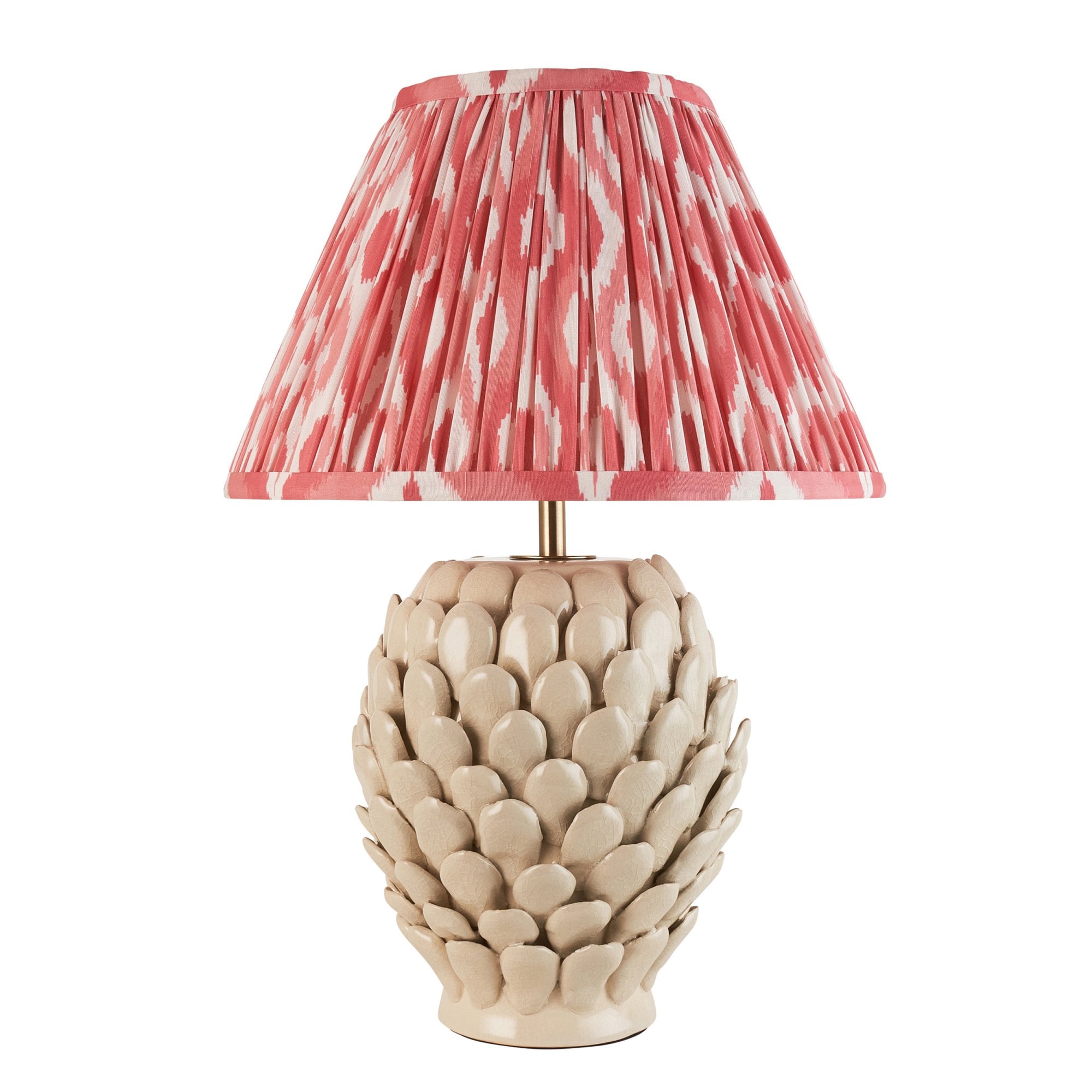 Endon Layered Leaf Ivory Crackle Glaze Ceramic Table Lamp & Ikat 30cm Coral Pink Shade