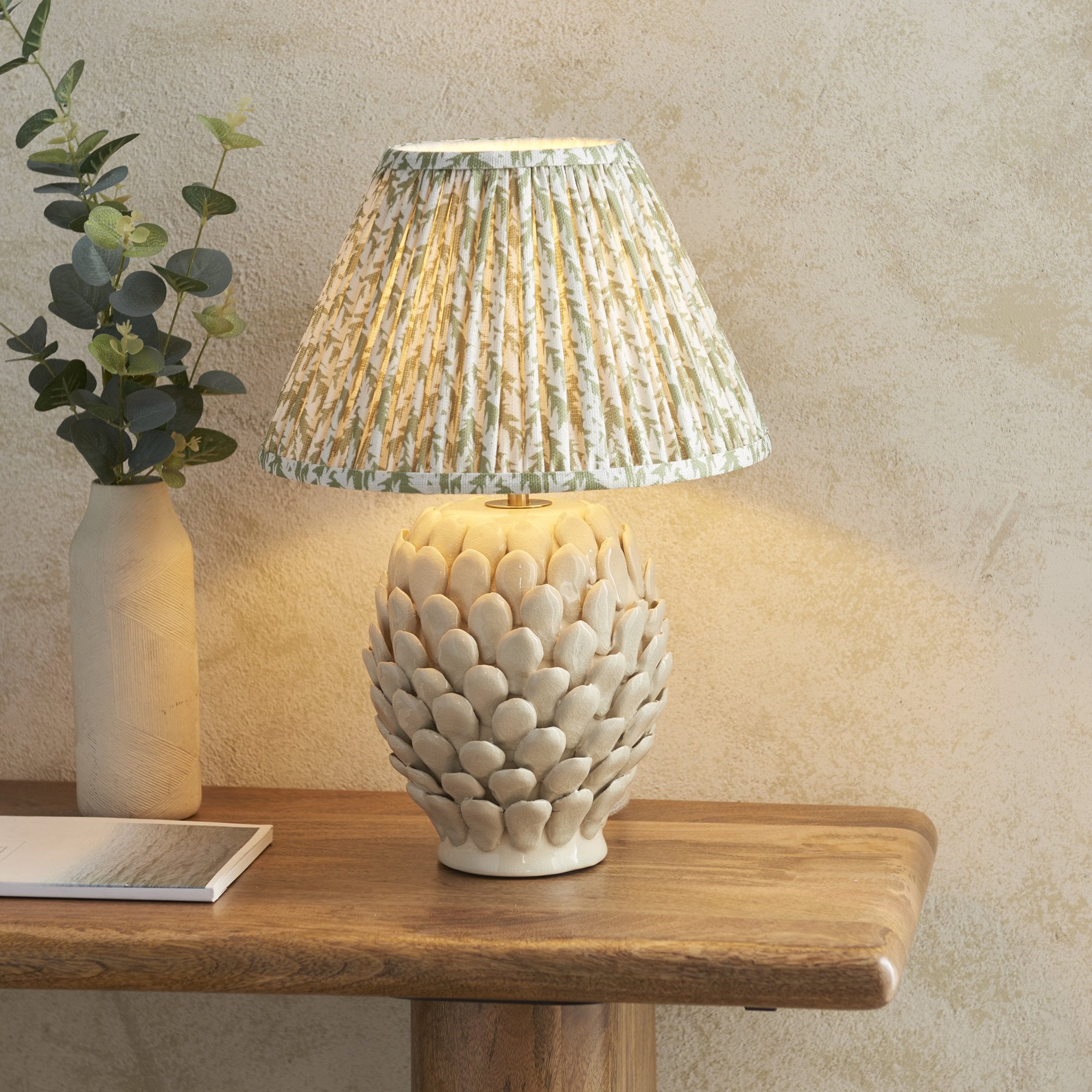Endon Layered Leaf Ivory Crackle Glaze Ceramic Table Lamp & Leaf 30cm Herb Garden Green Shade