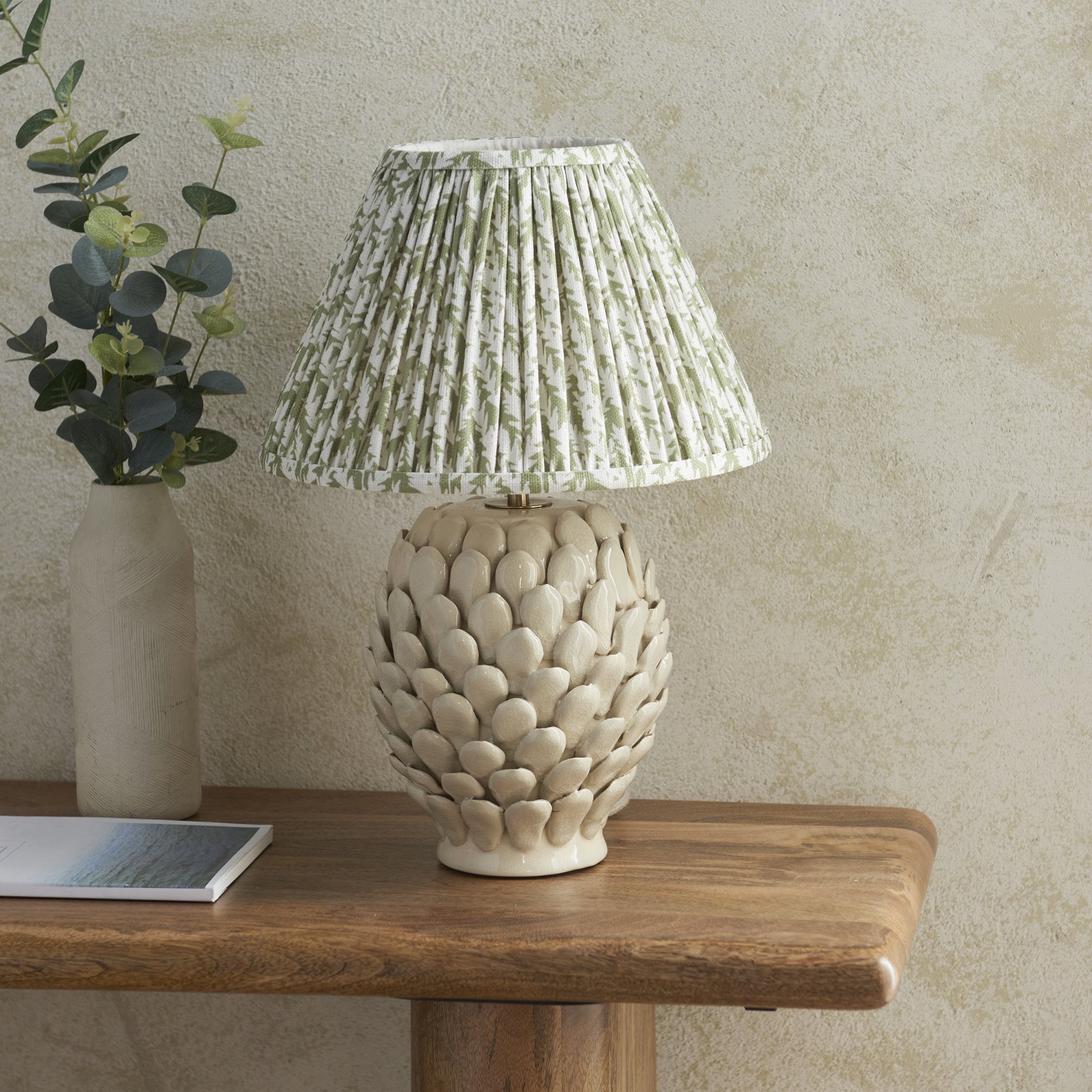 Endon Layered Leaf Ivory Crackle Glaze Ceramic Table Lamp & Leaf 30cm Herb Garden Green Shade