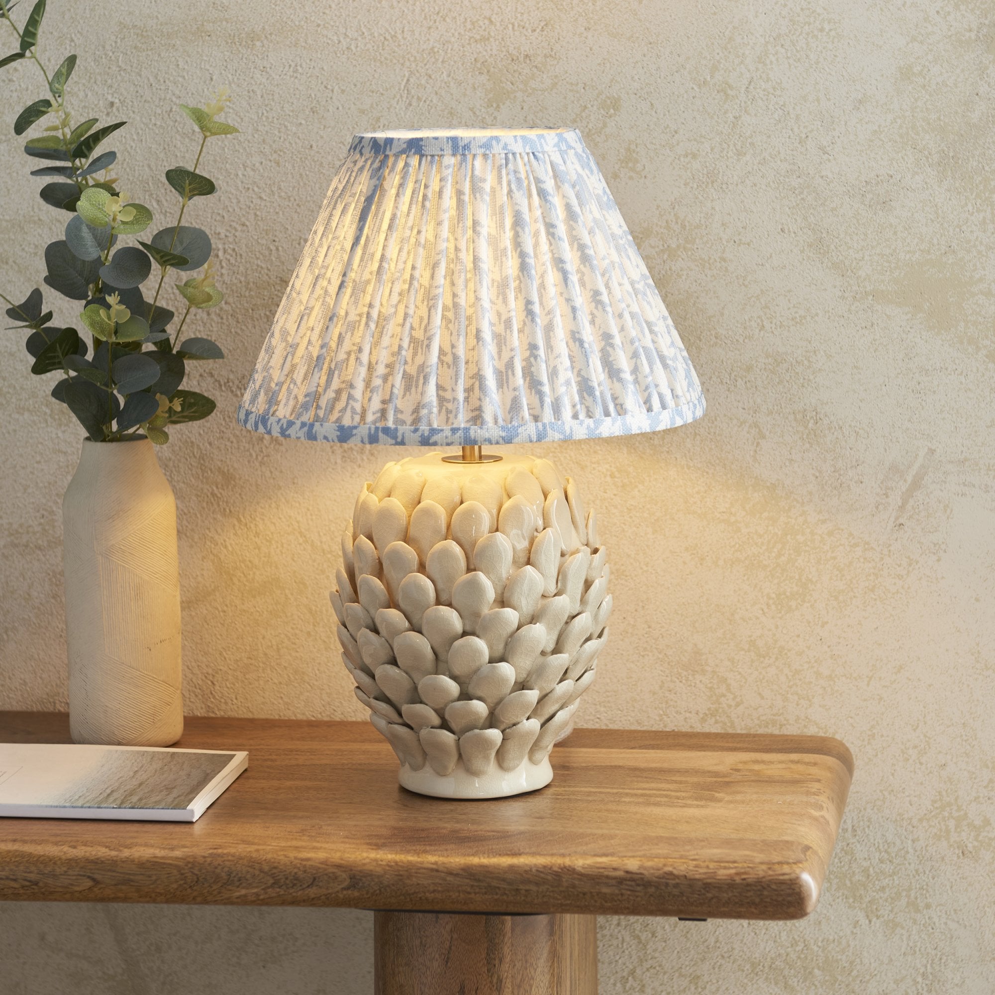 Endon Layered Ivory Crackle Glaze Ceramic Leaf Table Lamp & Leaf 30cm Shell Bay Blue Shade