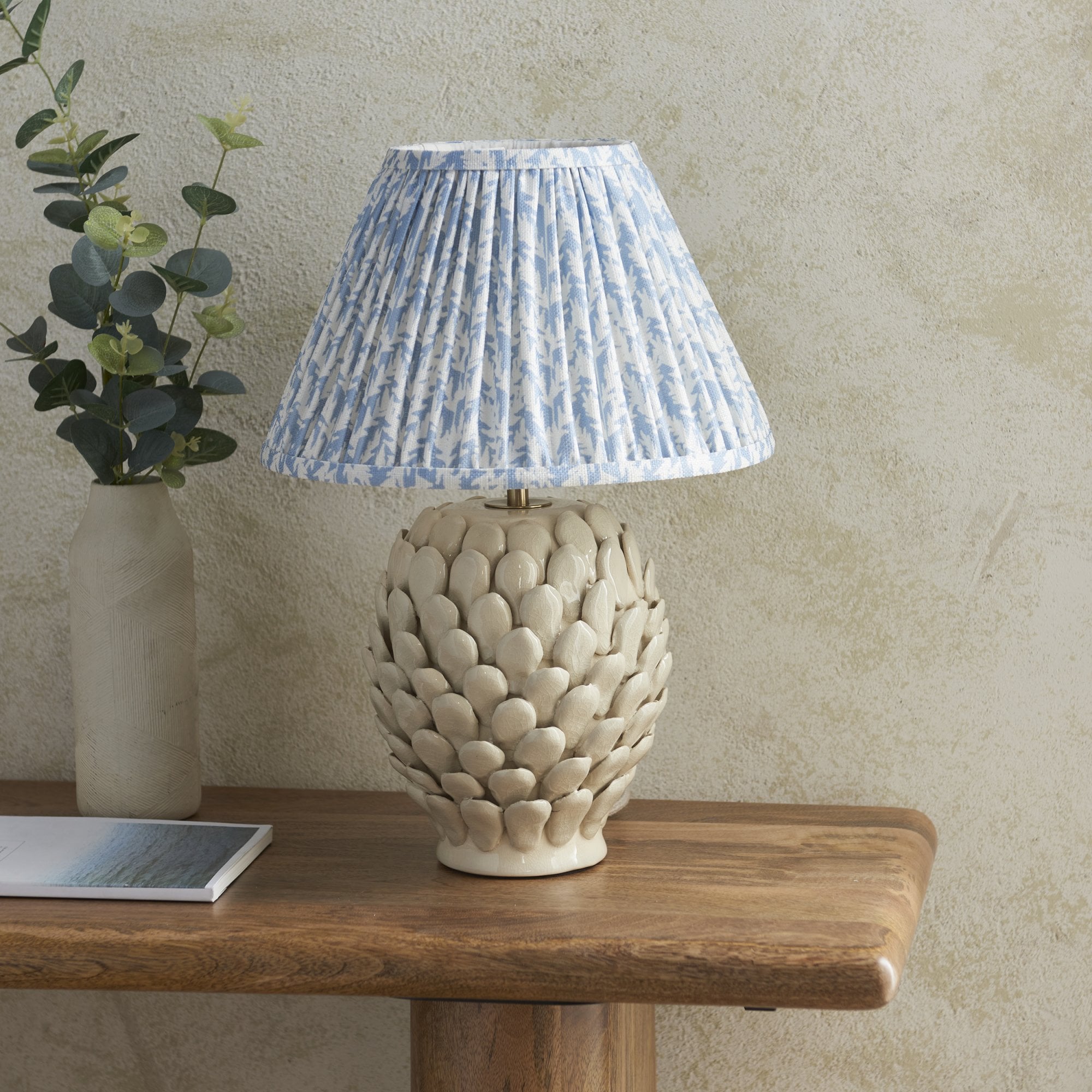 Endon Layered Ivory Crackle Glaze Ceramic Leaf Table Lamp & Leaf 30cm Shell Bay Blue Shade
