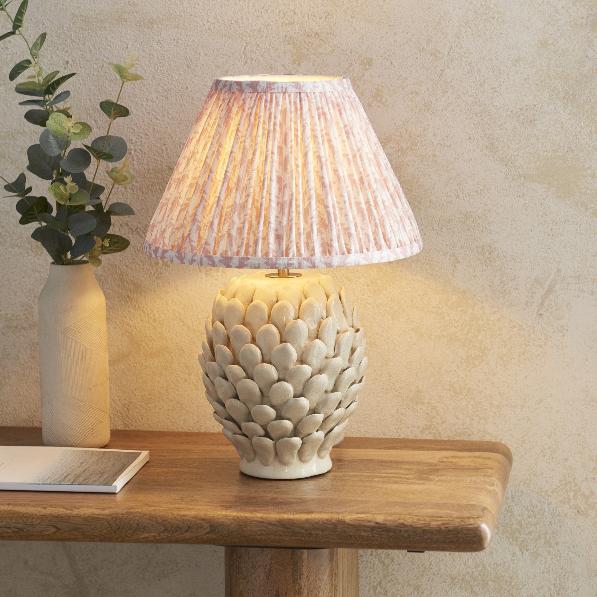 Endon Layered Leaf Ivory Crackle Glaze Ceramic Table Lamp & Leaf 30cm Peachy Keen Shade
