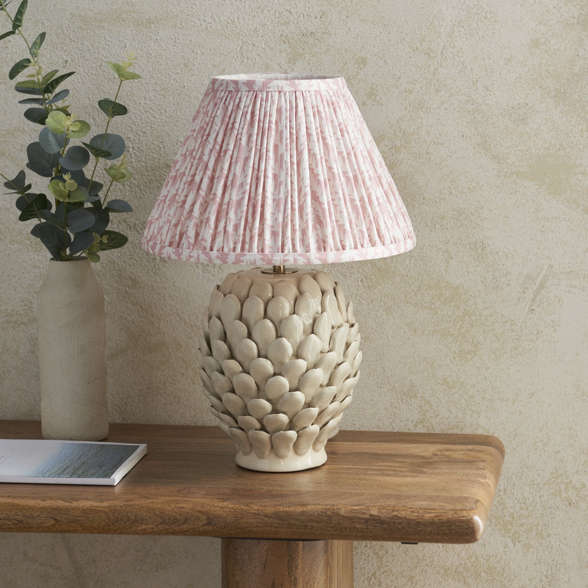 Endon Layered Leaf Ivory Crackle Glaze Ceramic Table Lamp & Leaf 30cm Peachy Keen Shade