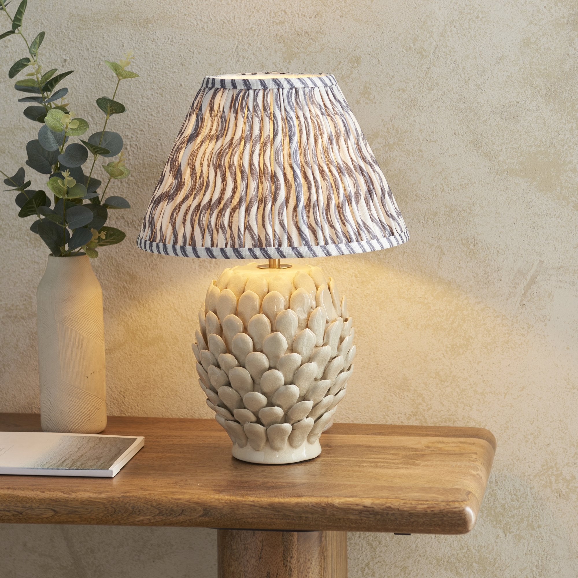 Endon Layered Leaf Ivory Crackle Glaze Ceramic Table Lamp & Ripple 30cm Pearl Grey Shade