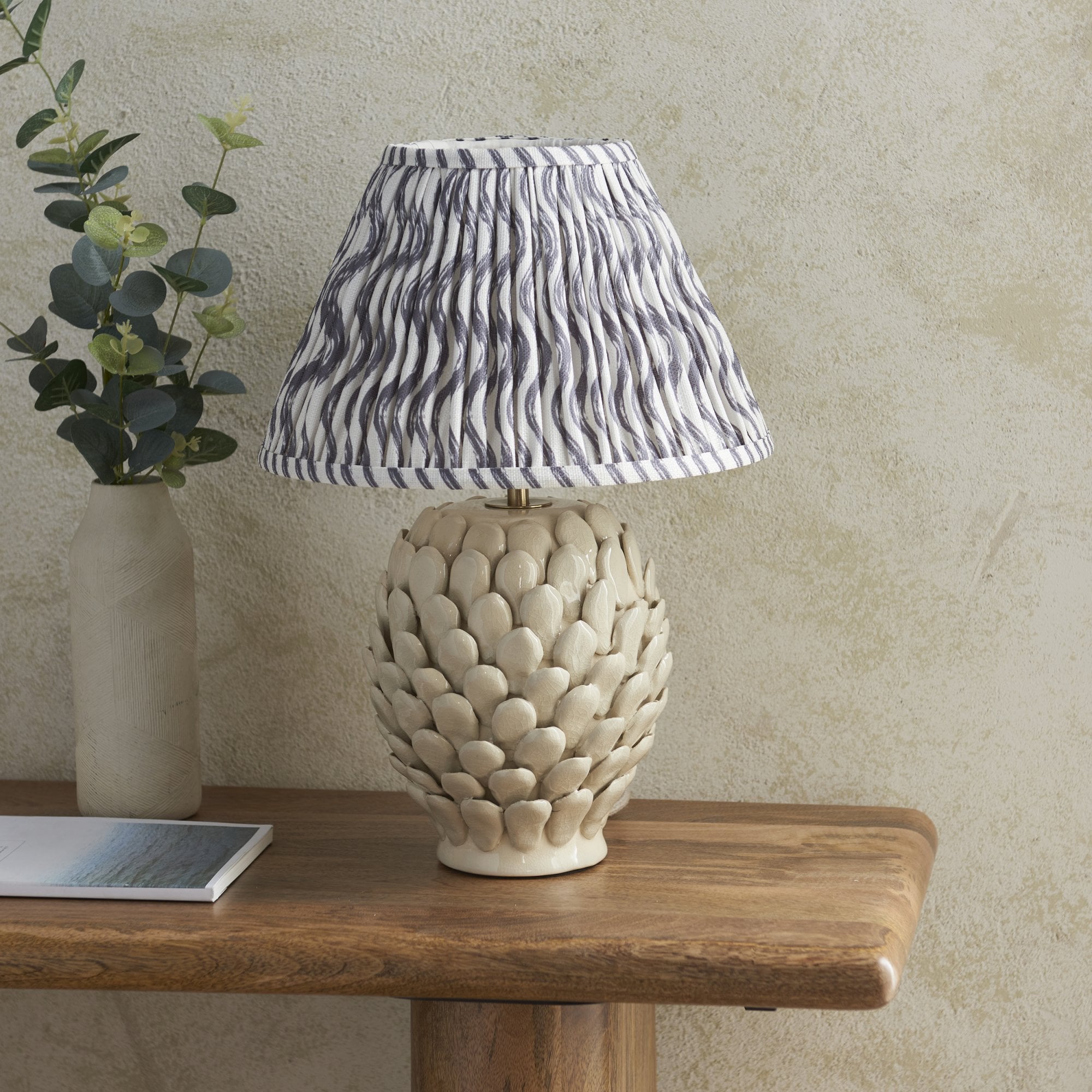 Endon Layered Leaf Ivory Crackle Glaze Ceramic Table Lamp & Ripple 30cm Pearl Grey Shade