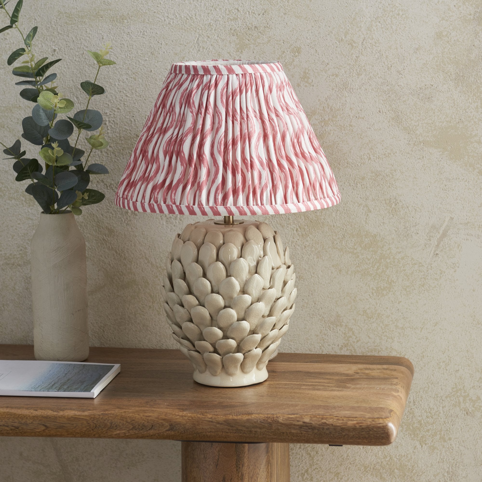 Endon Layered Leaf Ivory Crackle Glaze Ceramic Table Lamp & Ripple 30cm Coral Pink Shade