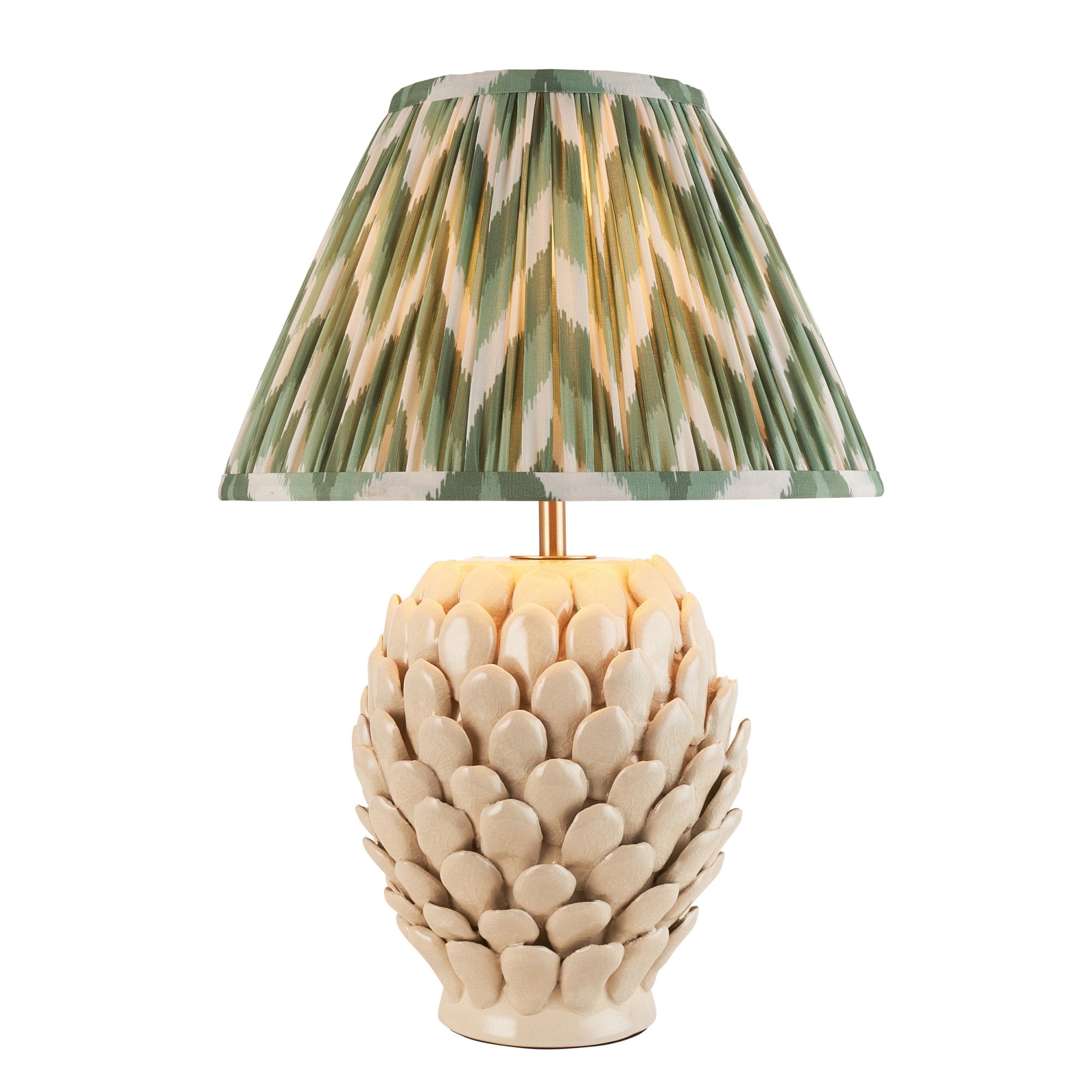 Endon Layered Leaf Ivory Crackle Glaze Ceramic Table Lamp & Zigzag 30cm Cotswold Green Shade