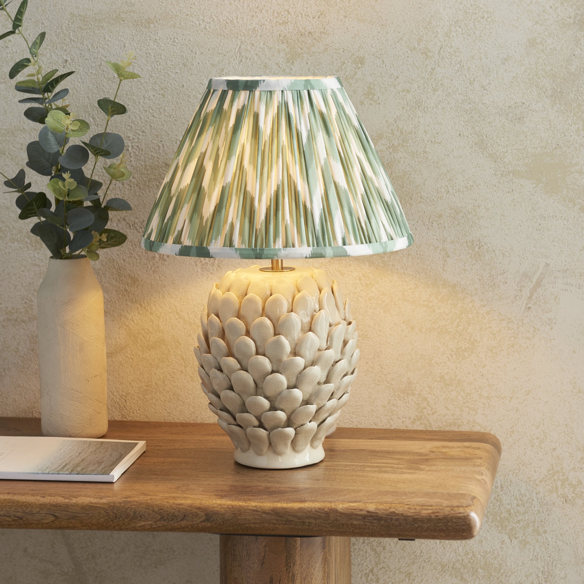 Endon Layered Leaf Ivory Crackle Glaze Ceramic Table Lamp & Zigzag 30cm Cotswold Green Shade
