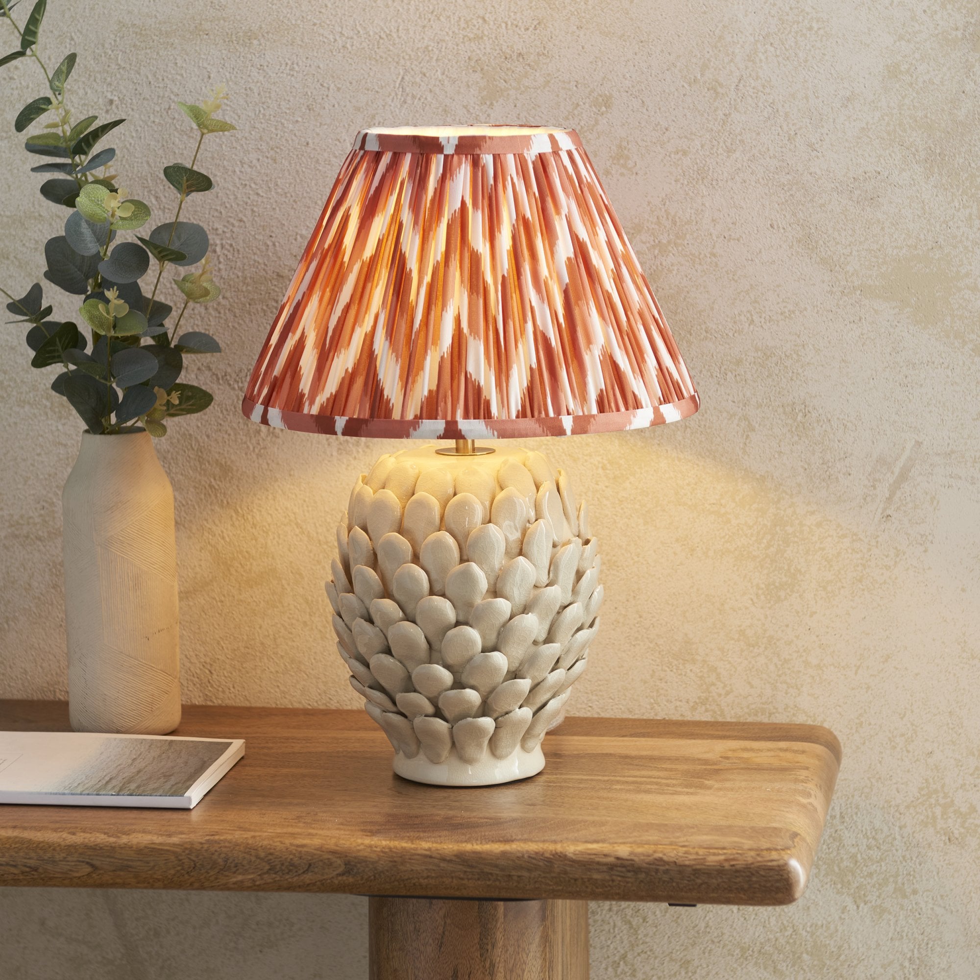 Endon Layered Leaf Ivory Crackle Glaze Ceramic Table Lamp & Zigzag 30cm Apricot Orange Shade