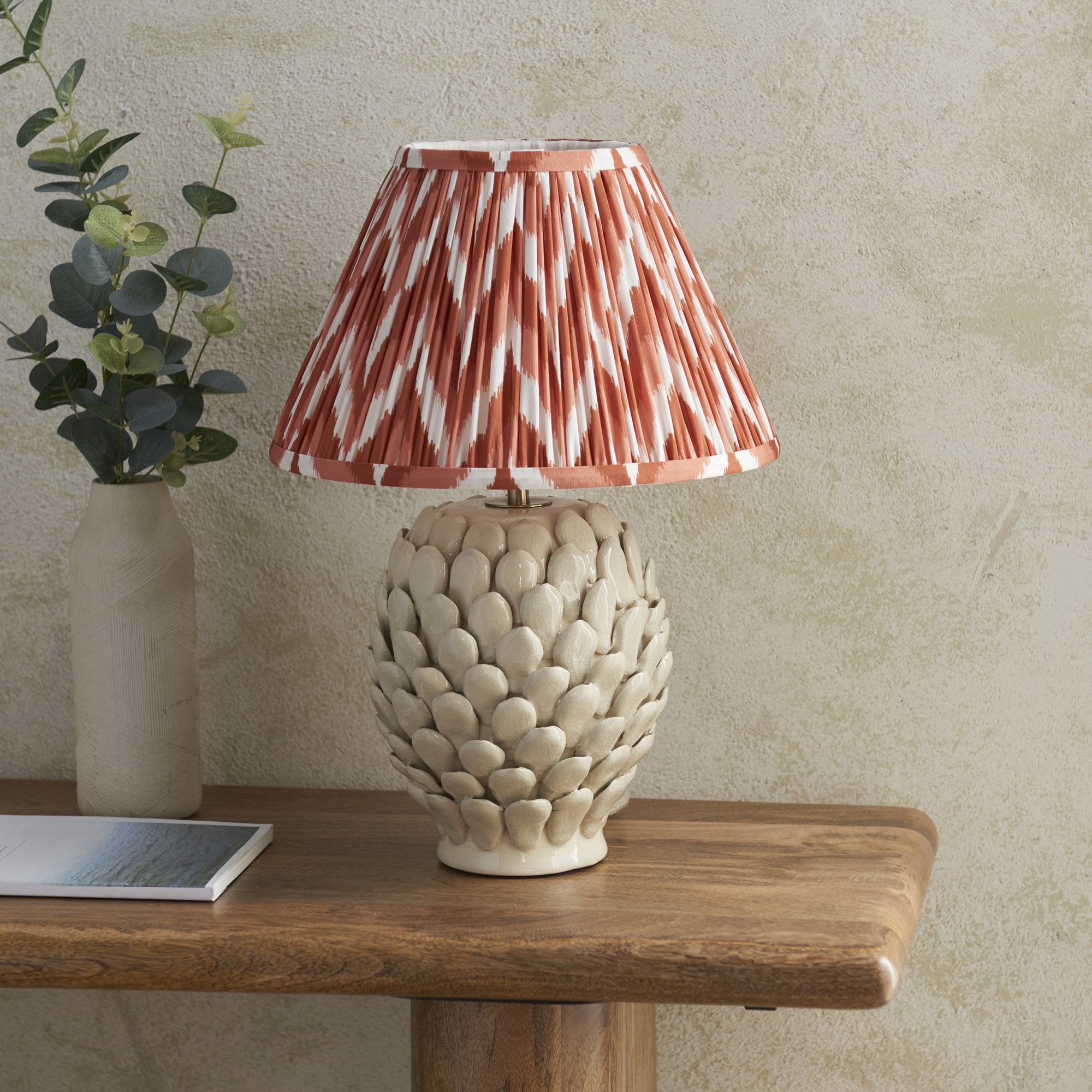 Endon Layered Leaf Ivory Crackle Glaze Ceramic Table Lamp & Zigzag 30cm Apricot Orange Shade