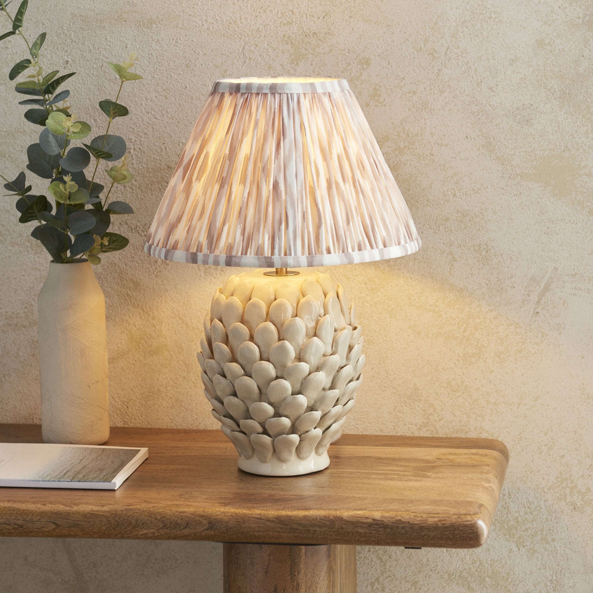Endon Layered Leaf Ivory Crackle Glaze Ceramic Table Lamp & Ikat 30cm Neutral Shade