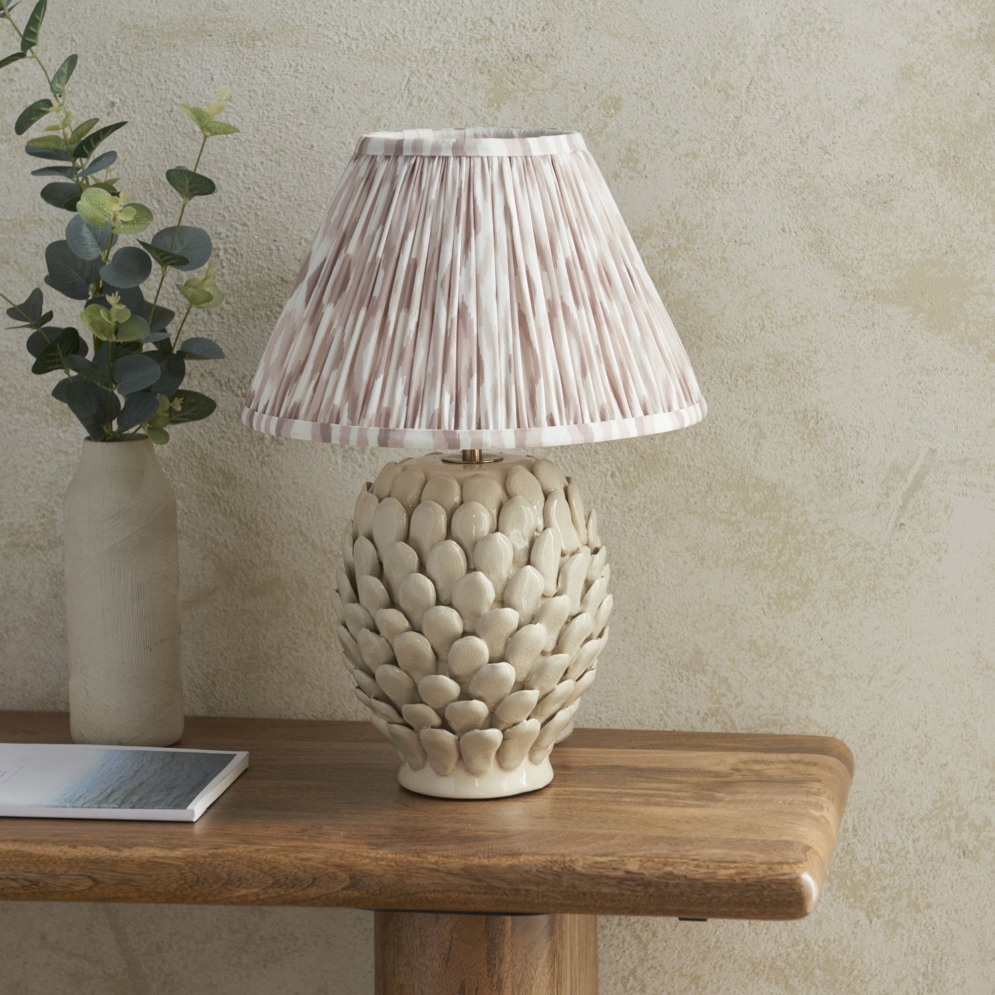 Endon Layered Leaf Ivory Crackle Glaze Ceramic Table Lamp & Ikat 30cm Neutral Shade