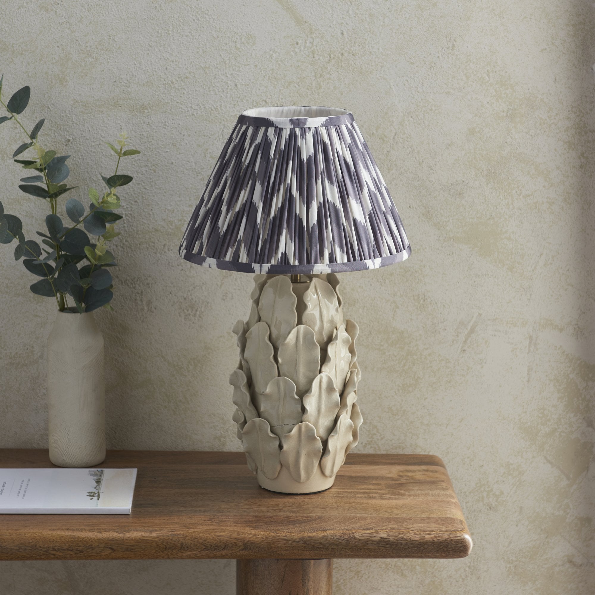Endon Layered Decorative Leaf Ivory Crackle Glaze Ceramic Table Lamp & Zigzag 30cm Pearl Grey Shade