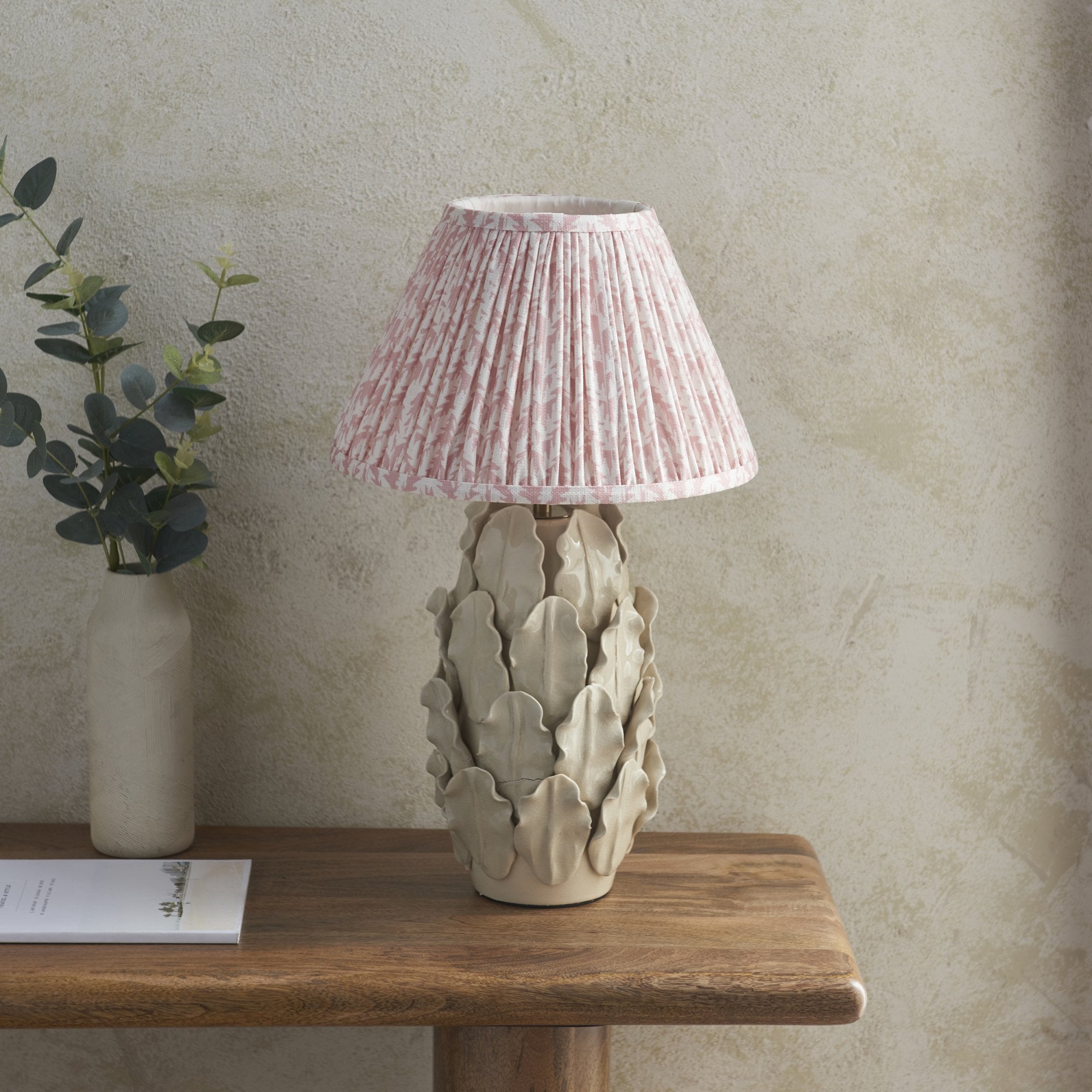 Endon Layered Decorative Leaf Ivory Crackle Glaze Ceramic Table Lamp & Leaf 30cm Peachy Keen Shade