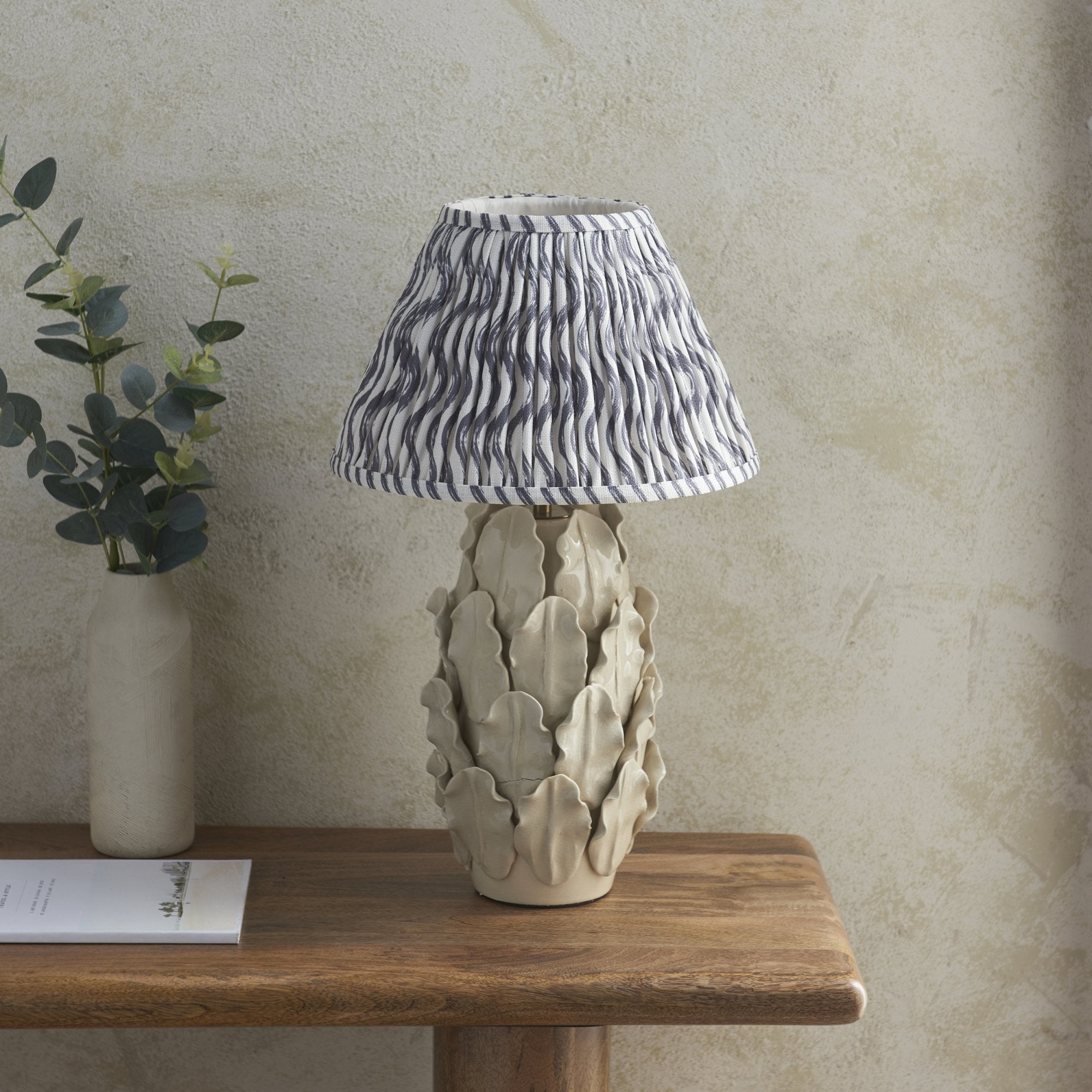 Endon Layered Decorative Leaf Ivory Crackle Glaze Ceramicable Table Lamp & Ripple 30cm Pearl Grey Shade