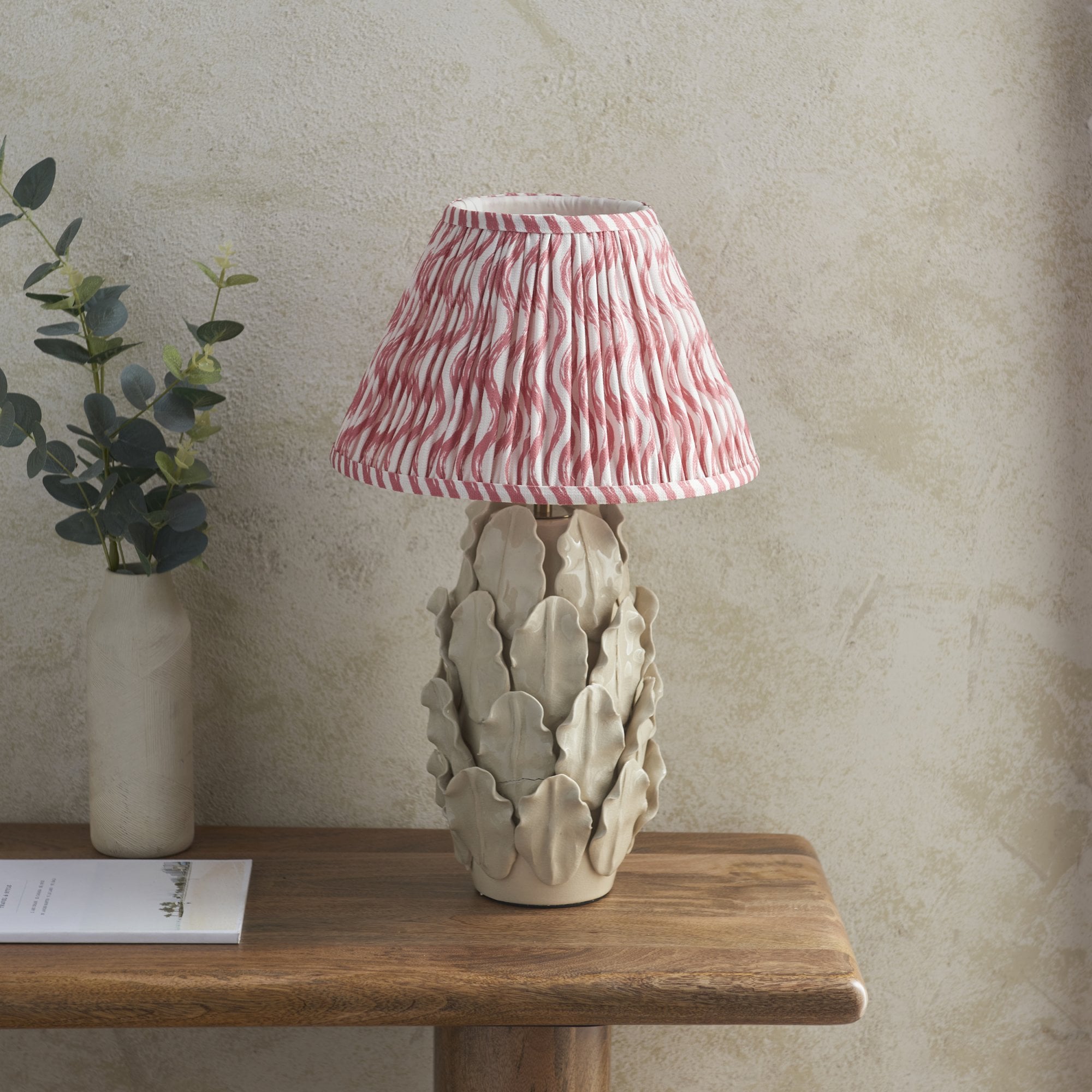 Endon Layered Decorative Leaf Ivory Crackle Glaze Ceramic Table Lamp & Ripple 30cm Coral Pink Shade