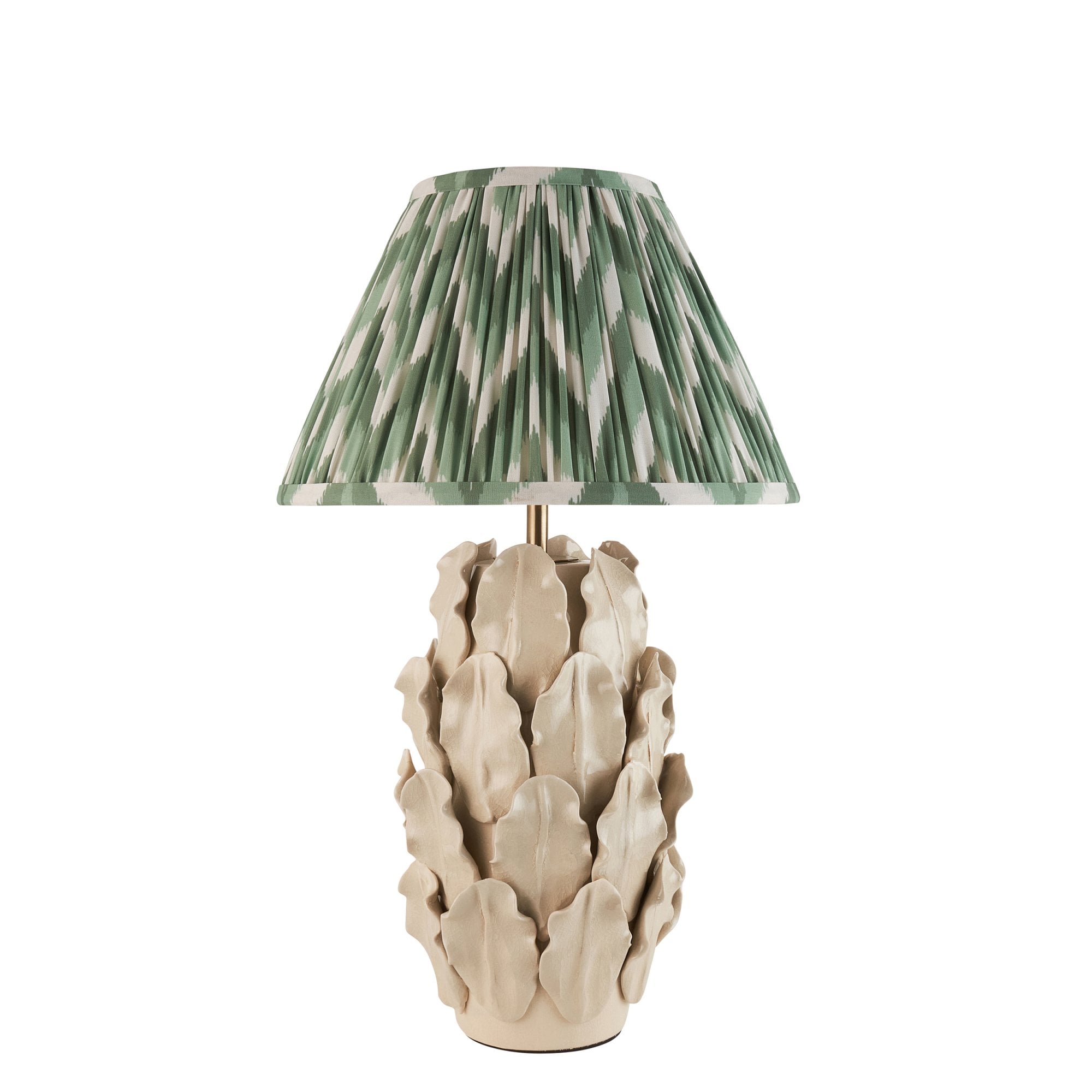 Endon Layered Decorative Leaf Ivory Crackle Glaze Ceramic Table Lamp & Zigzag 30cm Cotswold Green Shade
