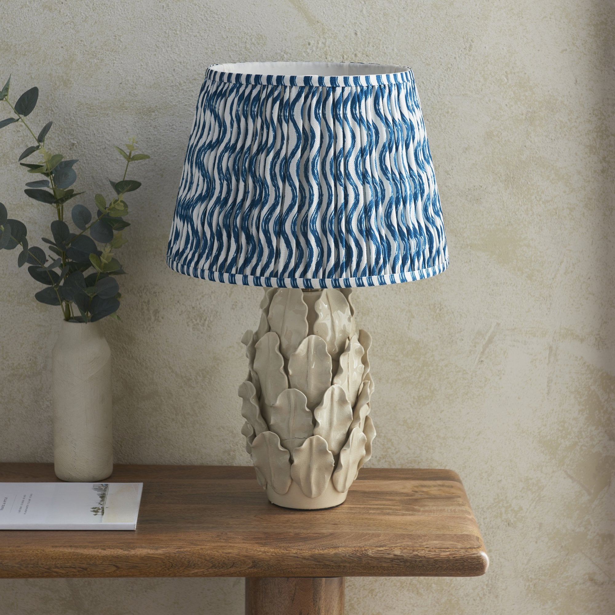 Endon Layered Tall Leaf Ivory Crackle Glaze Ceramic Table Lamp & Ripple 35cm Marlin Blue Shade