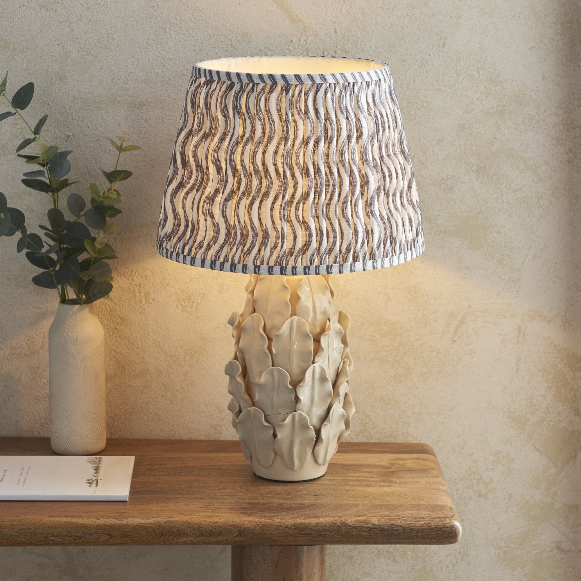 Endon Layered Leaf Ivory Crackle Glaze Ceramic Table Lamp & Ripple 35cm Pearl Grey Shade