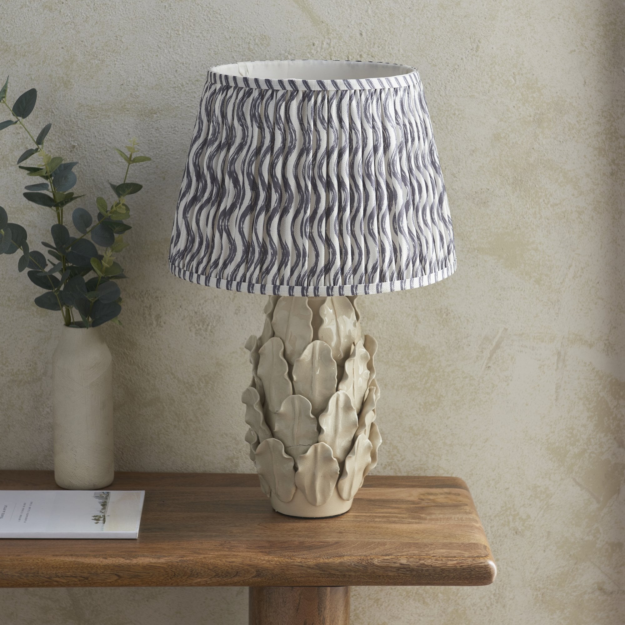Endon Layered Leaf Ivory Crackle Glaze Ceramic Table Lamp & Ripple 35cm Pearl Grey Shade