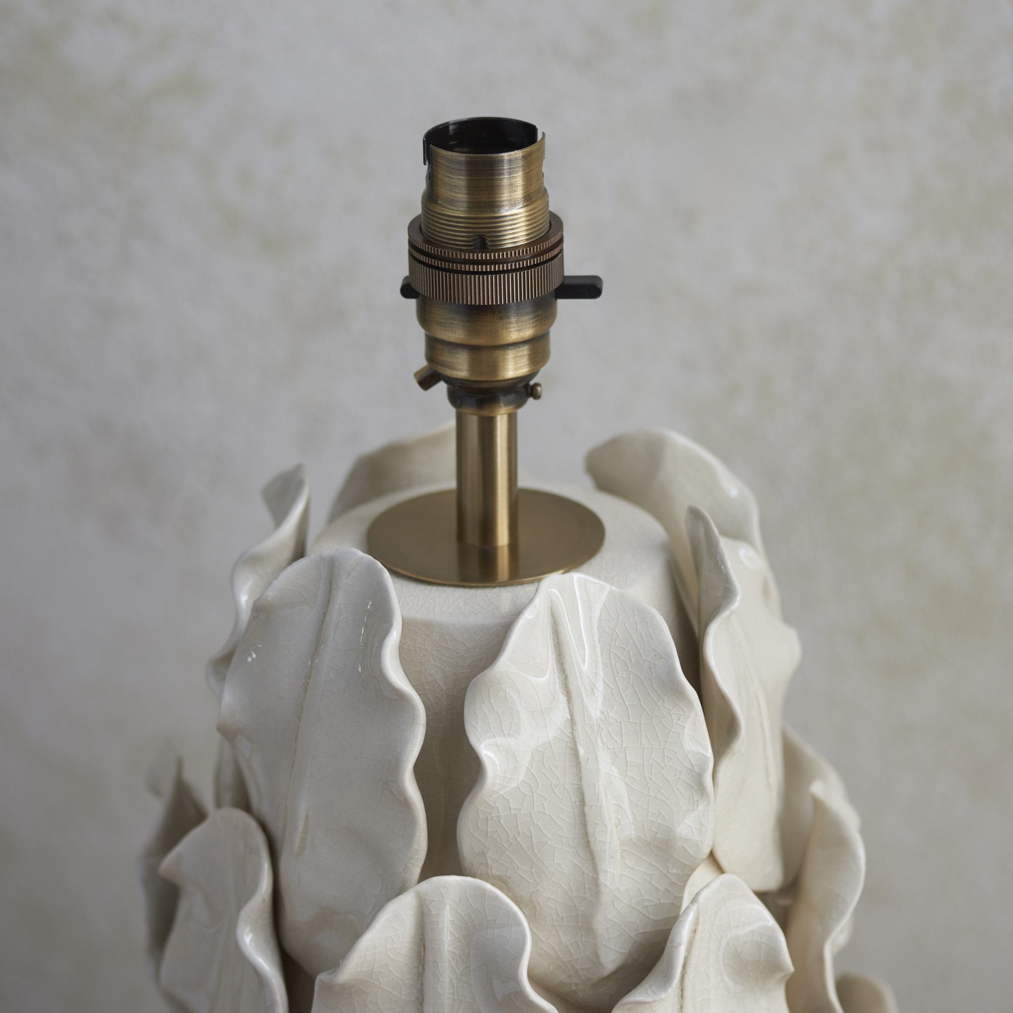 Endon Layered Leaf Ivory Crackle Glaze Ceramic Table Lamp & Ripple 35cm Pearl Grey Shade