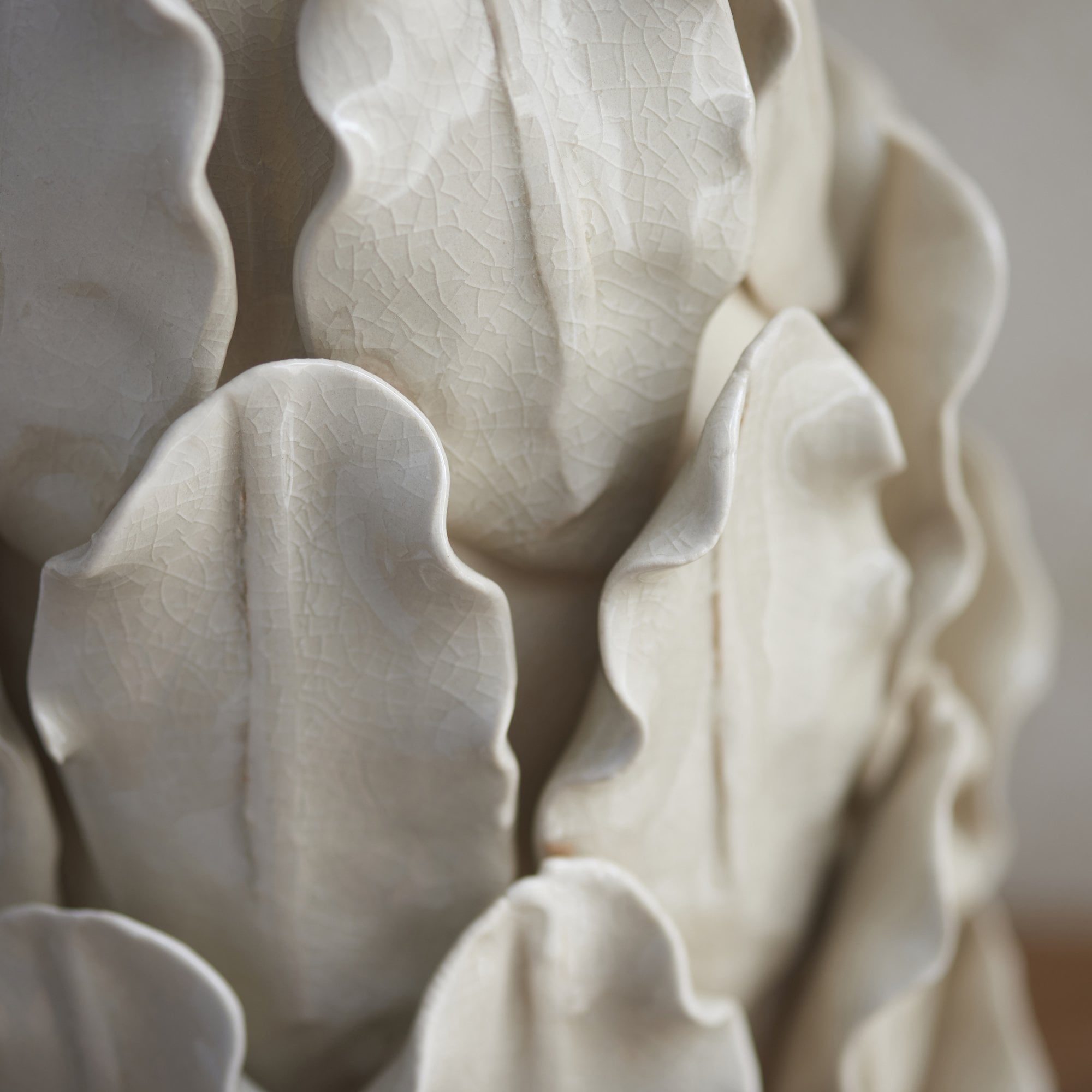 Endon Layered Leaf Ivory Crackle Glaze Ceramic Table Lamp & Ripple 35cm Pearl Grey Shade