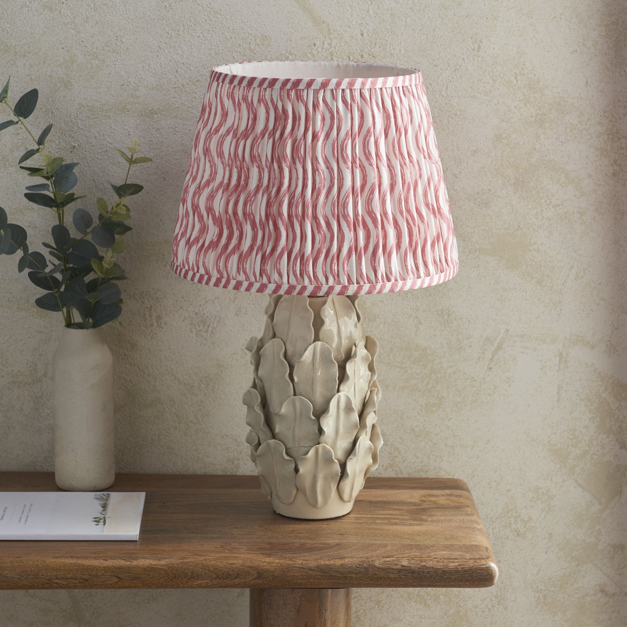 Endon Layered Decorative Leaf Ivory Crackle Glaze Ceramic Table Lamp & Ripple 35cm Coral Pink Shade