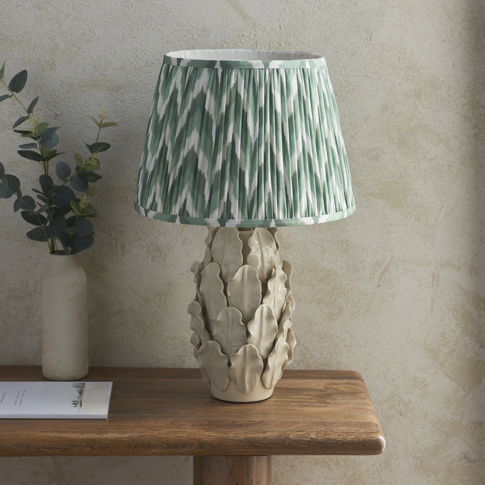 Endon Layered Decorative Leaf Ivory Crackle Glaze Ceramic Table Lamp & Zigzag 35cm Cotswold Green Shade