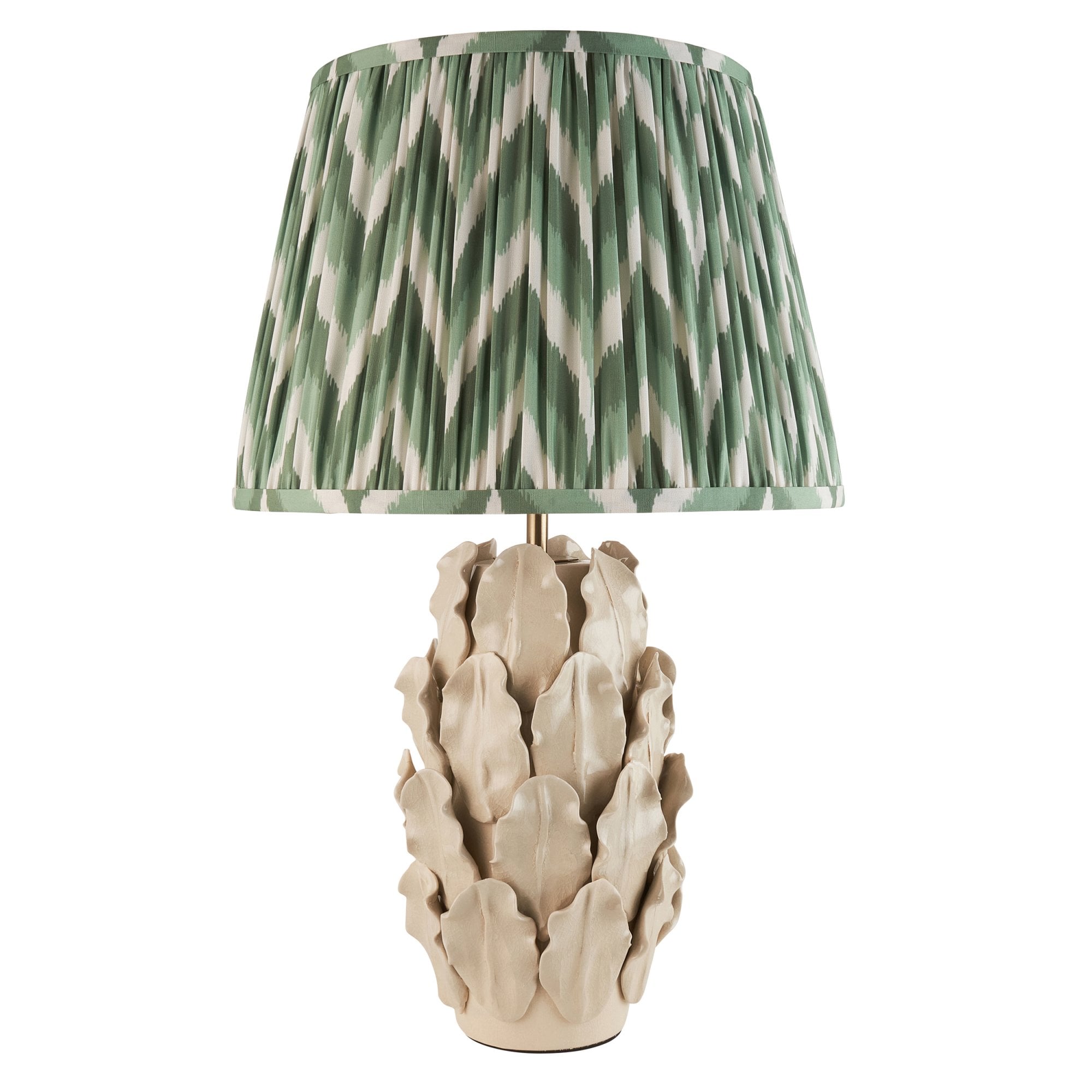 Endon Layered Decorative Leaf Ivory Crackle Glaze Ceramic Table Lamp & Zigzag 35cm Cotswold Green Shade