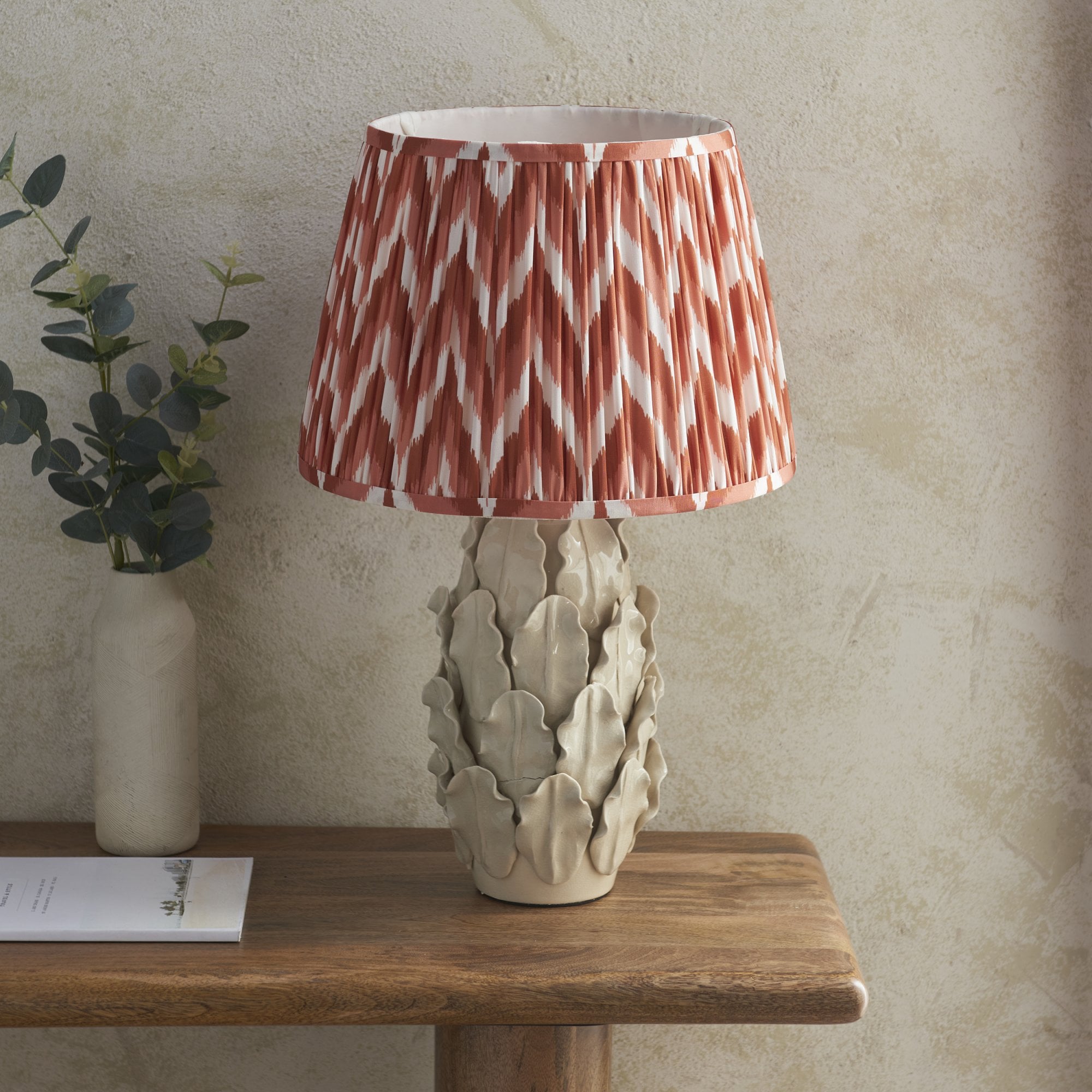 Endon Layered Decorative Leaf Ivory Crackle Glaze Ceramic Table Lamp & Zigzag 35cm Apricot Orange Shade